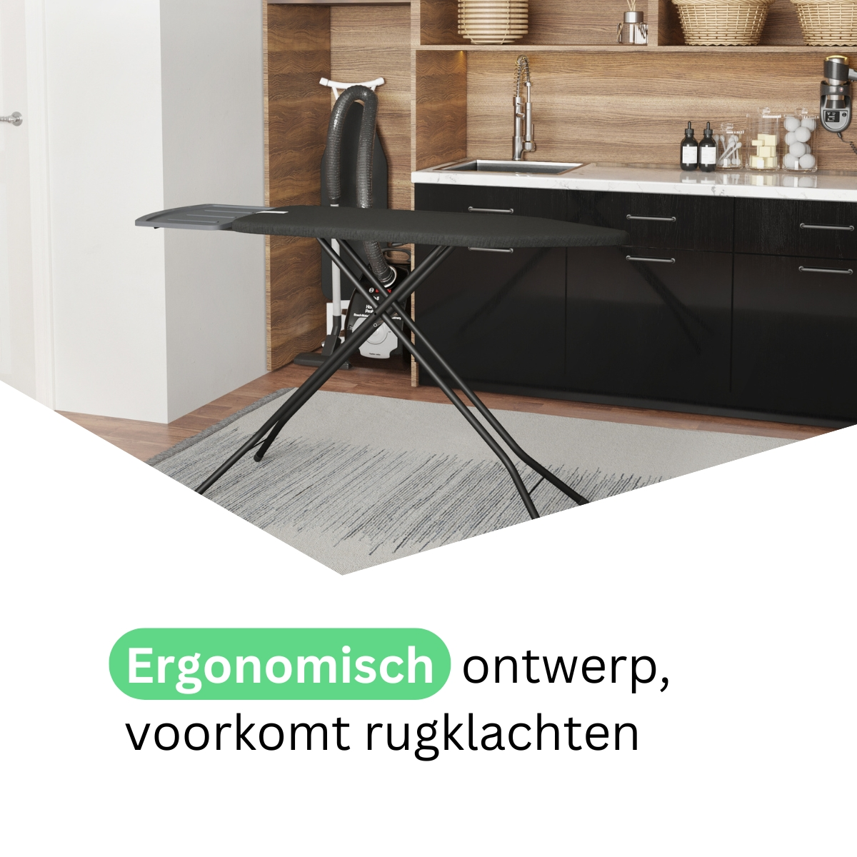 A black ironing board with a metal frame stands on a rug.