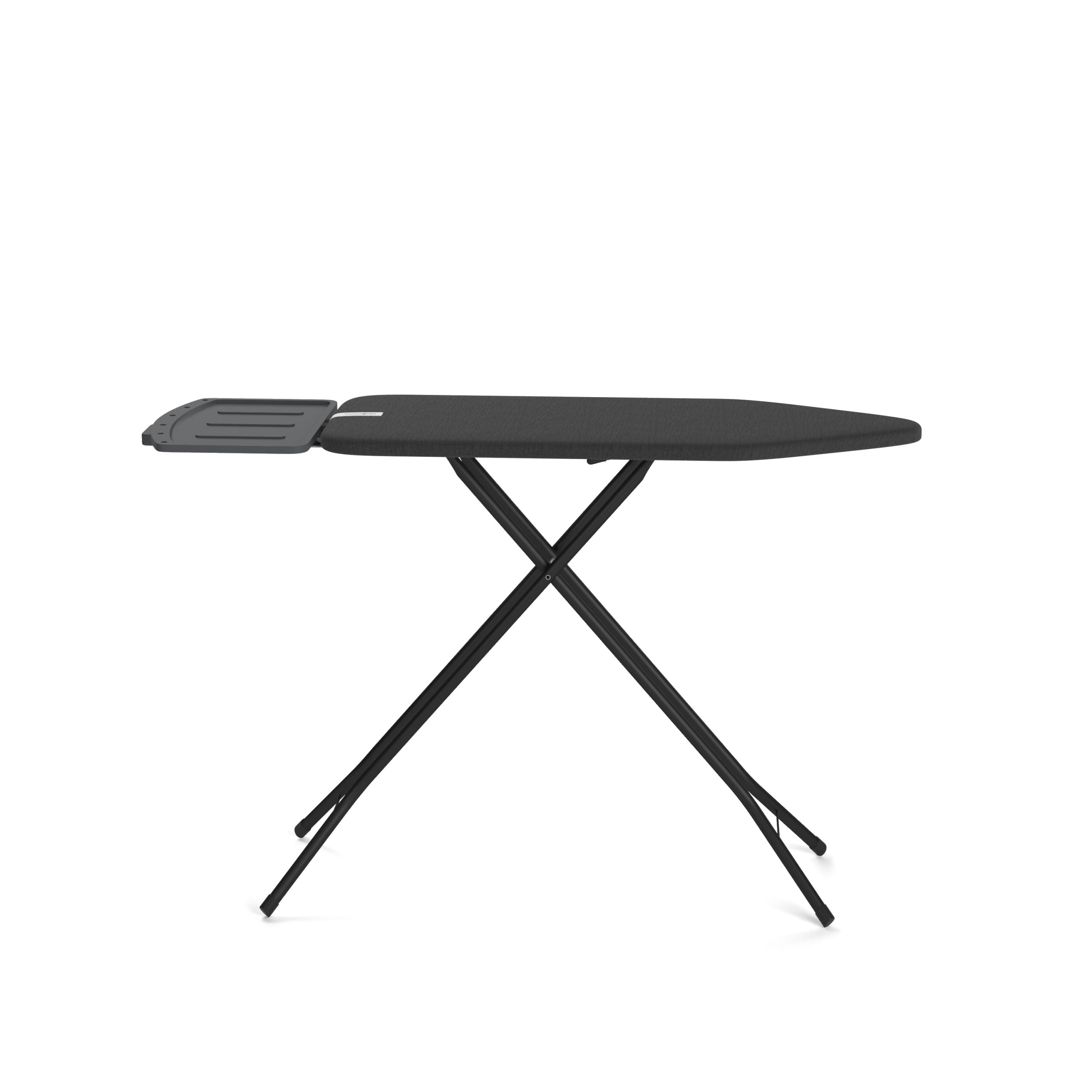 A dark gray ironing board with a black metal frame and an additional tray.