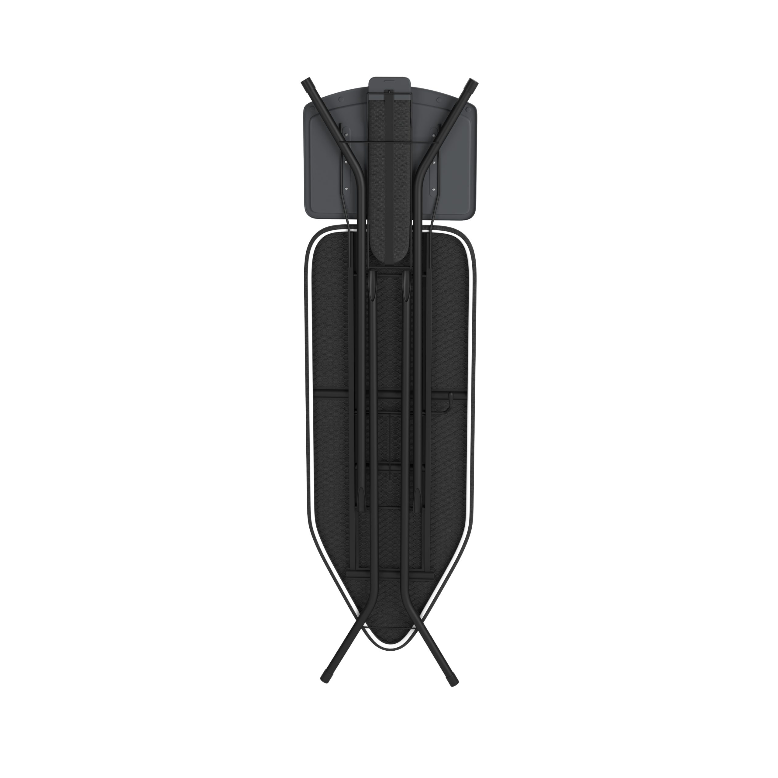 A folded black ironing board with metal legs on a white background.