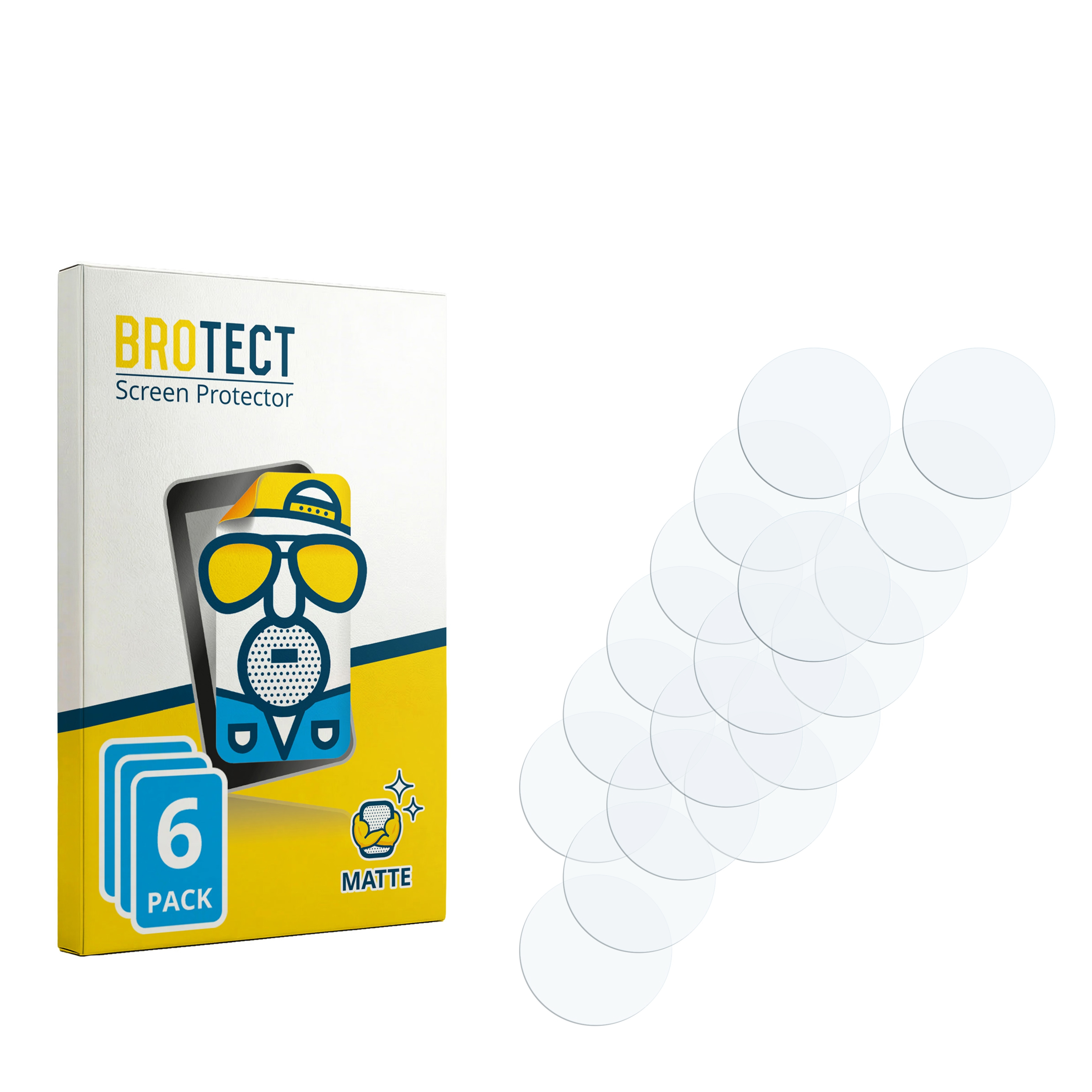 Verpackung für BROTECT Displayschutzfolie, matt, 6er-Pack, mit runden Schutzfolien.