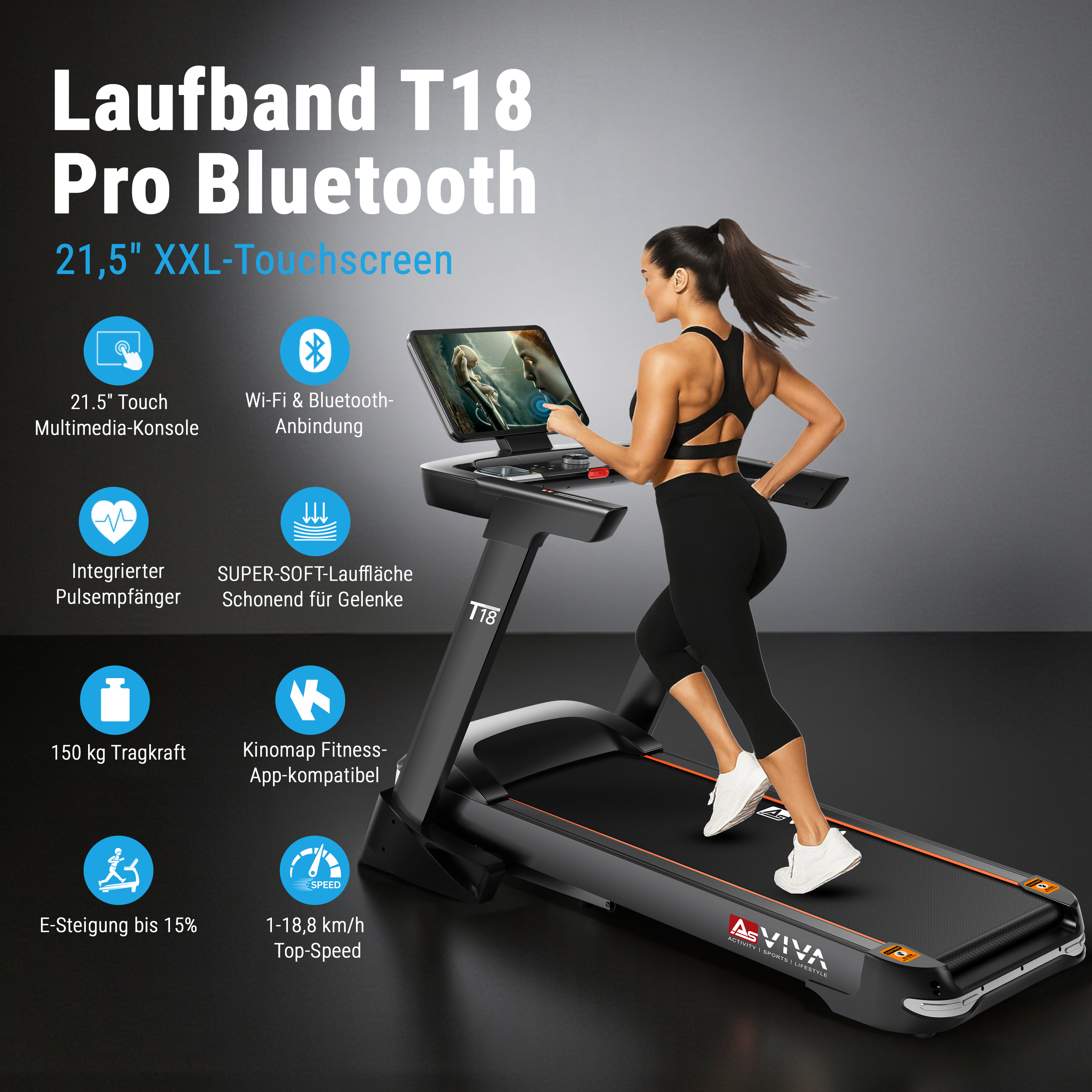 Eine Frau läuft auf einem Laufband mit großem Touchscreen, das mit Funktionen beworben wird.