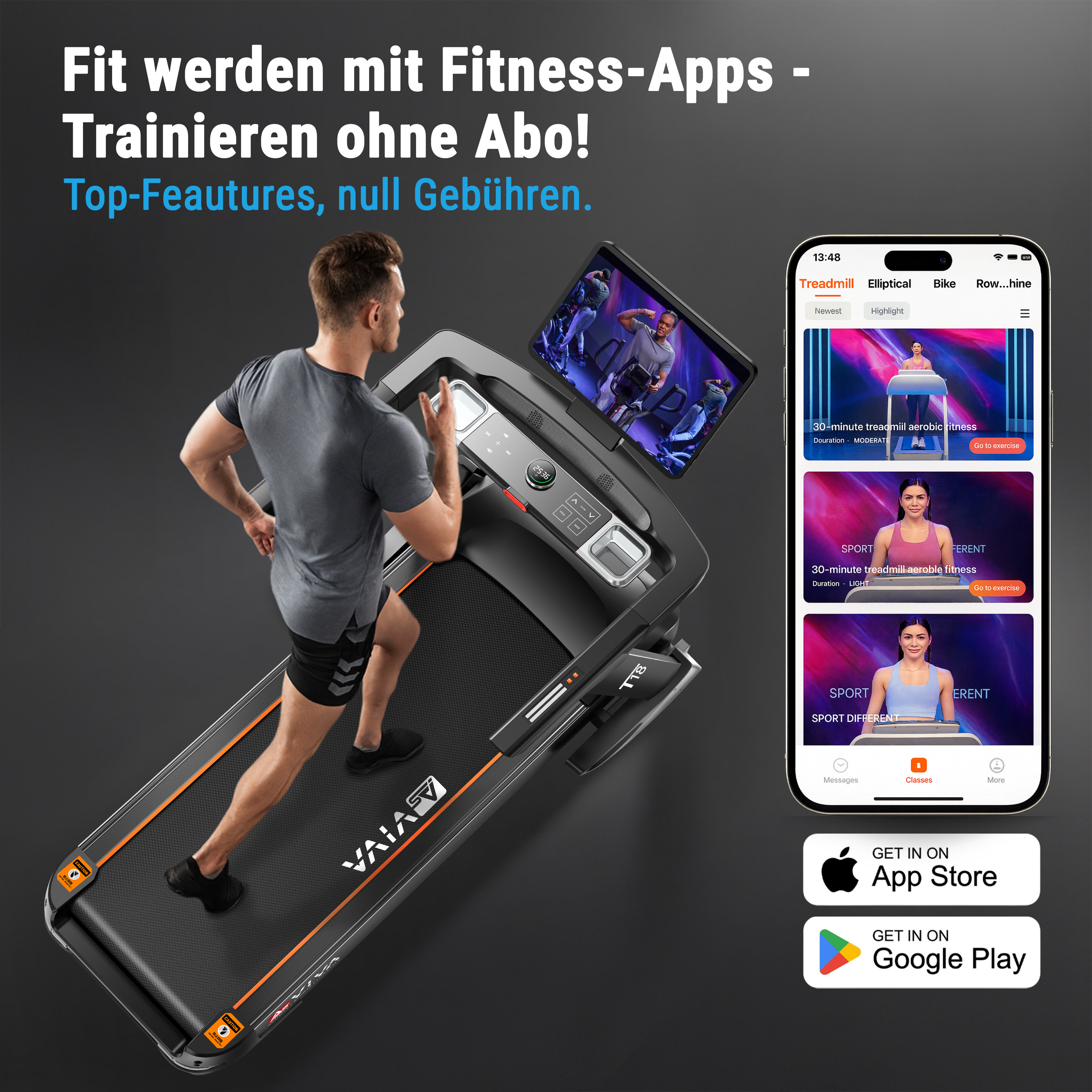 Mann auf Laufband, daneben Handy mit Fitness-App. Text: Fit werden mit Fitness-Apps.