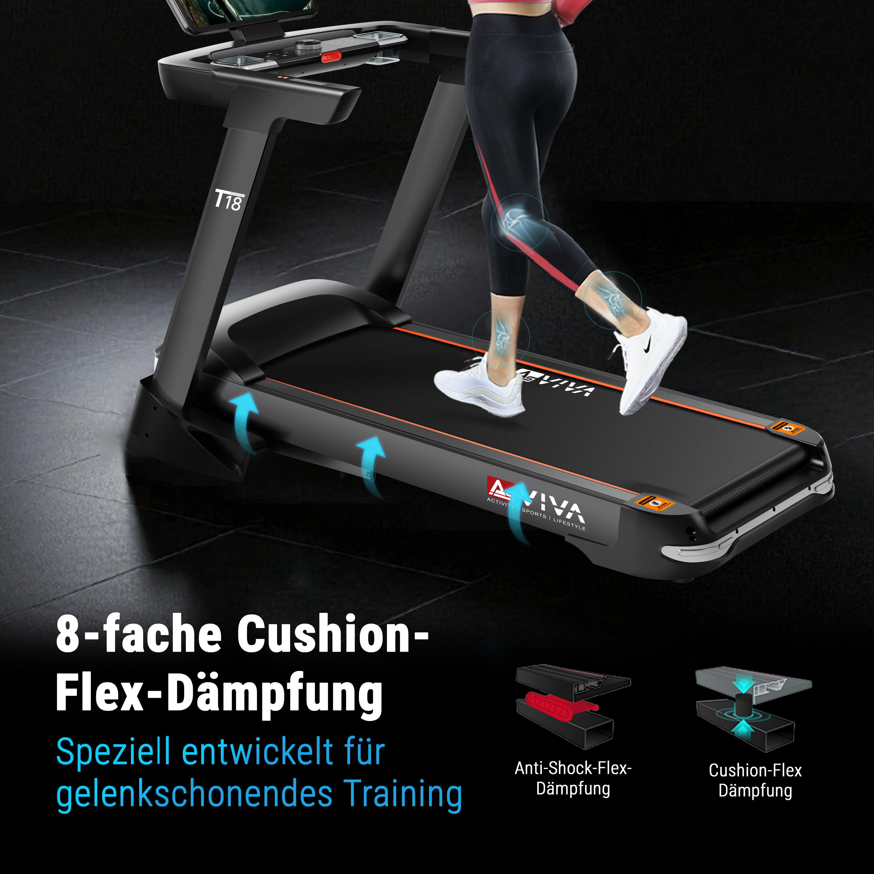 Eine Person läuft auf einem Laufband mit Dämpfungstechnologie-Animationen.