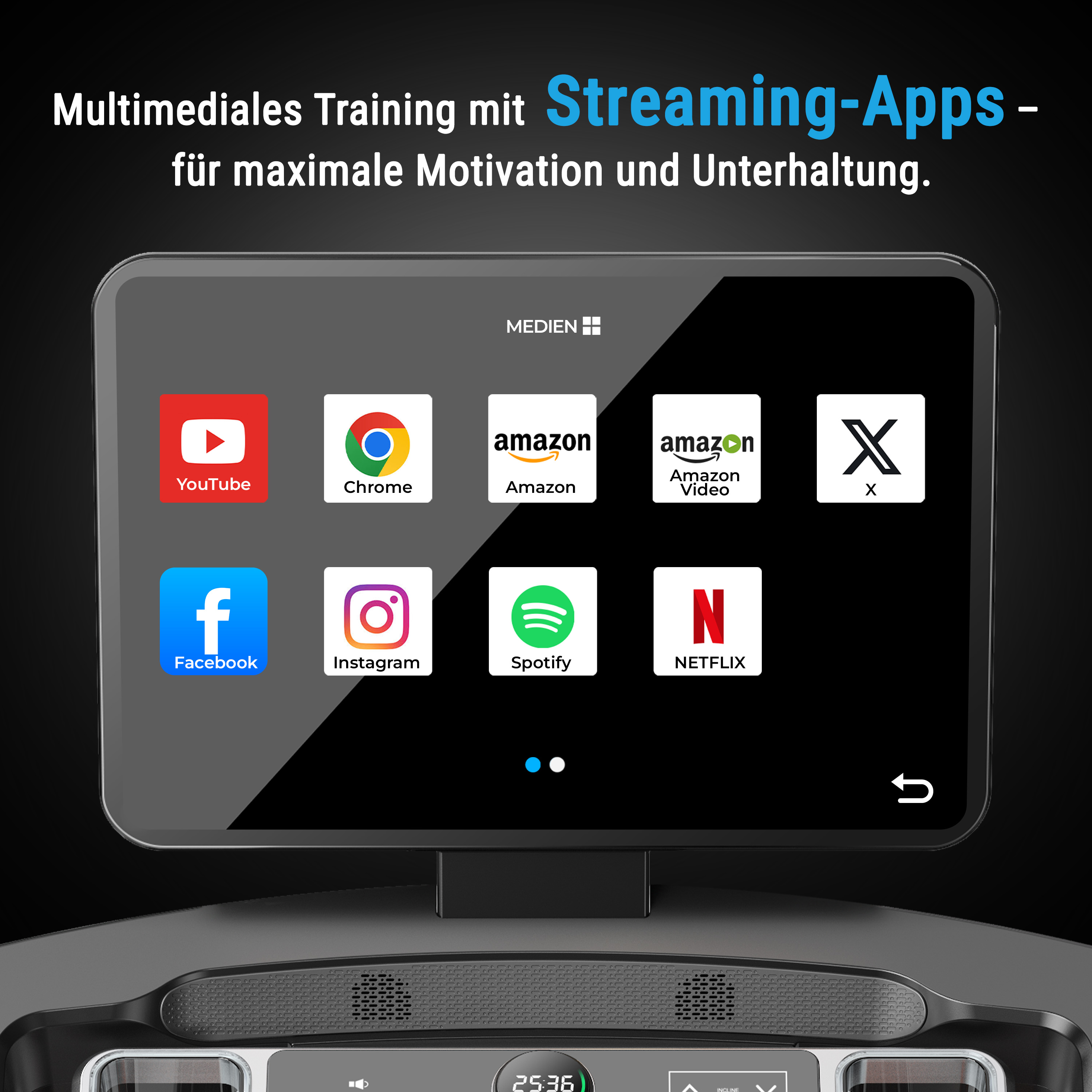 Ein Laufband-Display zeigt Apps wie YouTube, Chrome, Amazon, Netflix und Spotify.