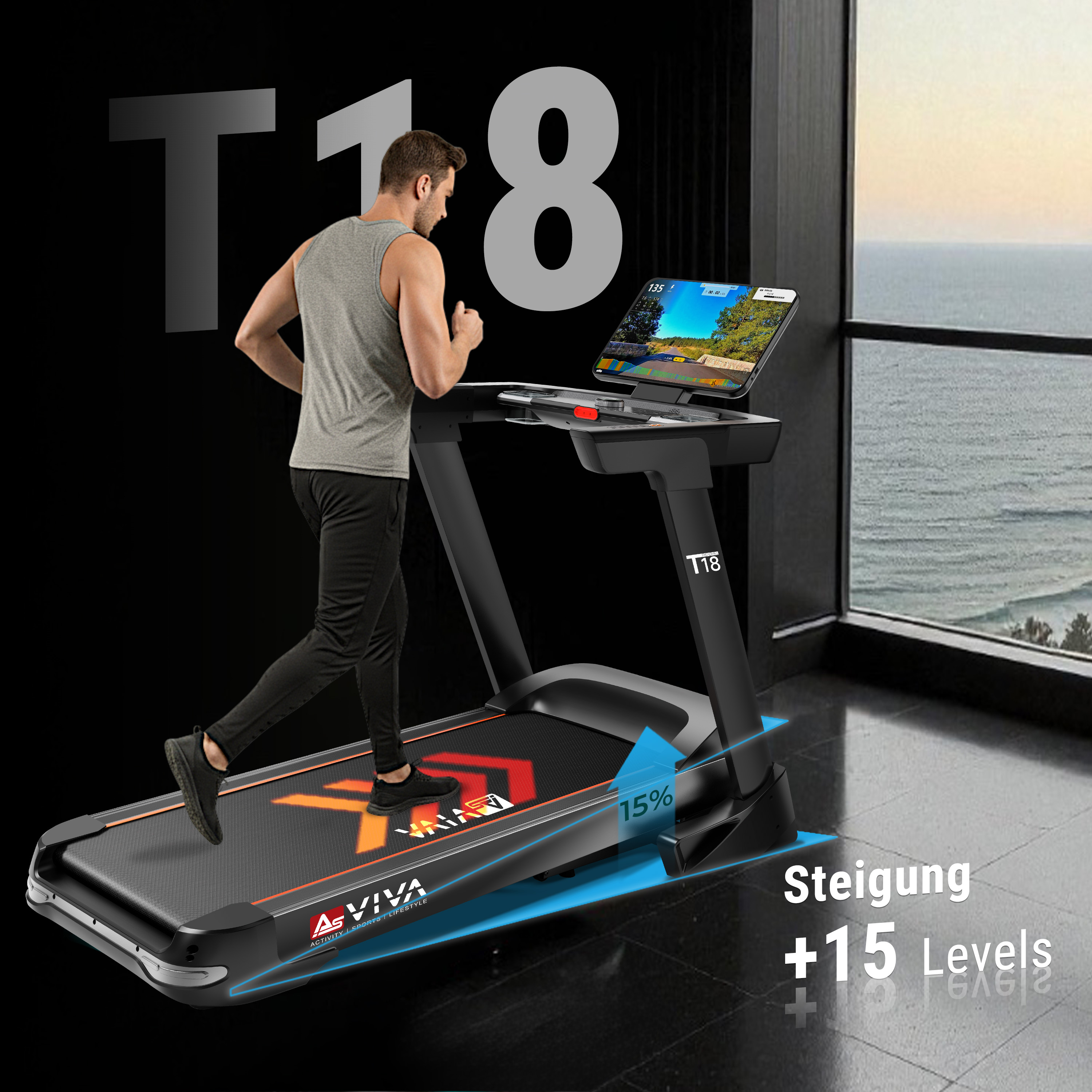 Ein Mann läuft auf einem Laufband mit Blick auf das Meer. Steigung +15 Levels.