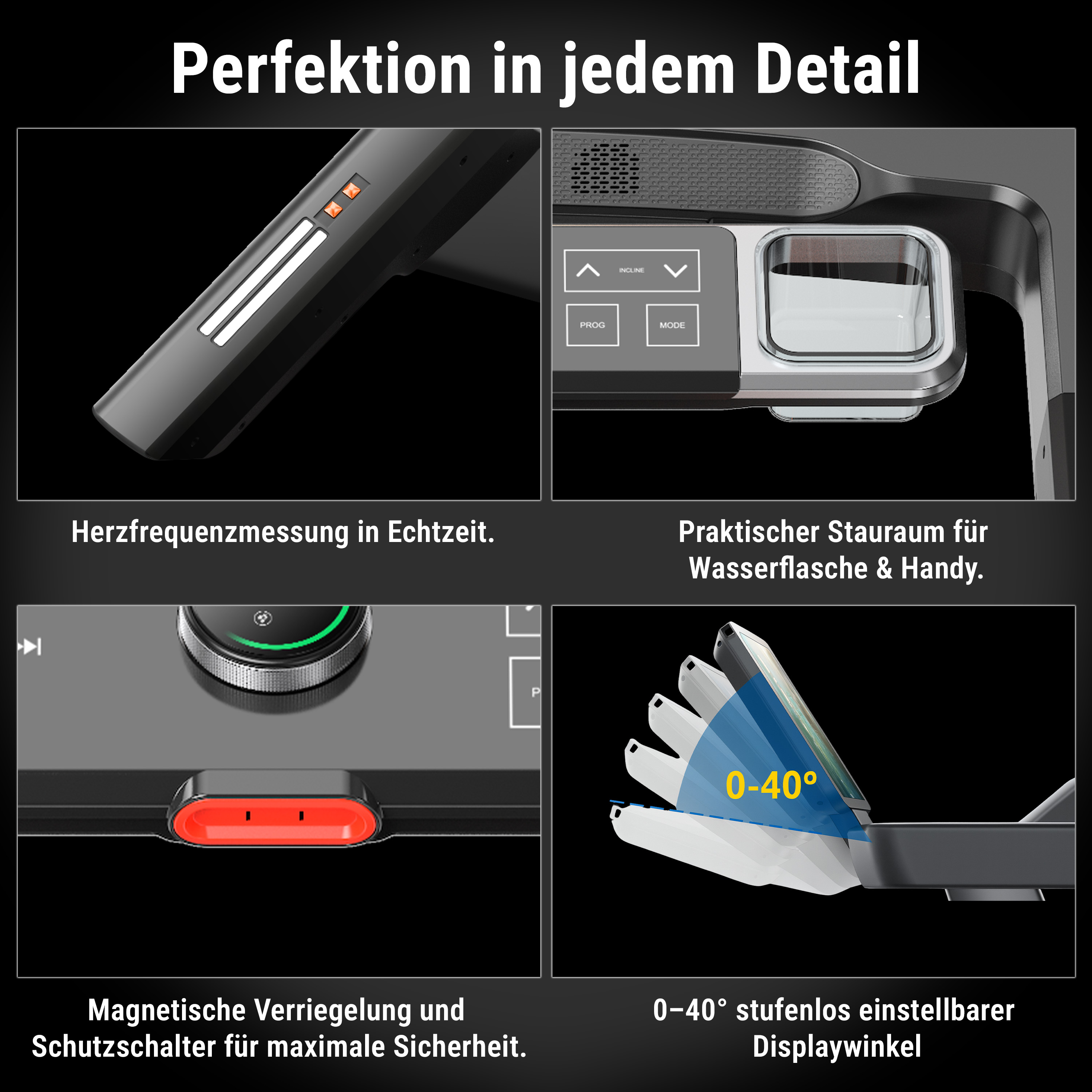 Ein Treadmill mit Herzfrequenzmessung, Stauraum, Magnetverriegelung und verstellbarem Display.