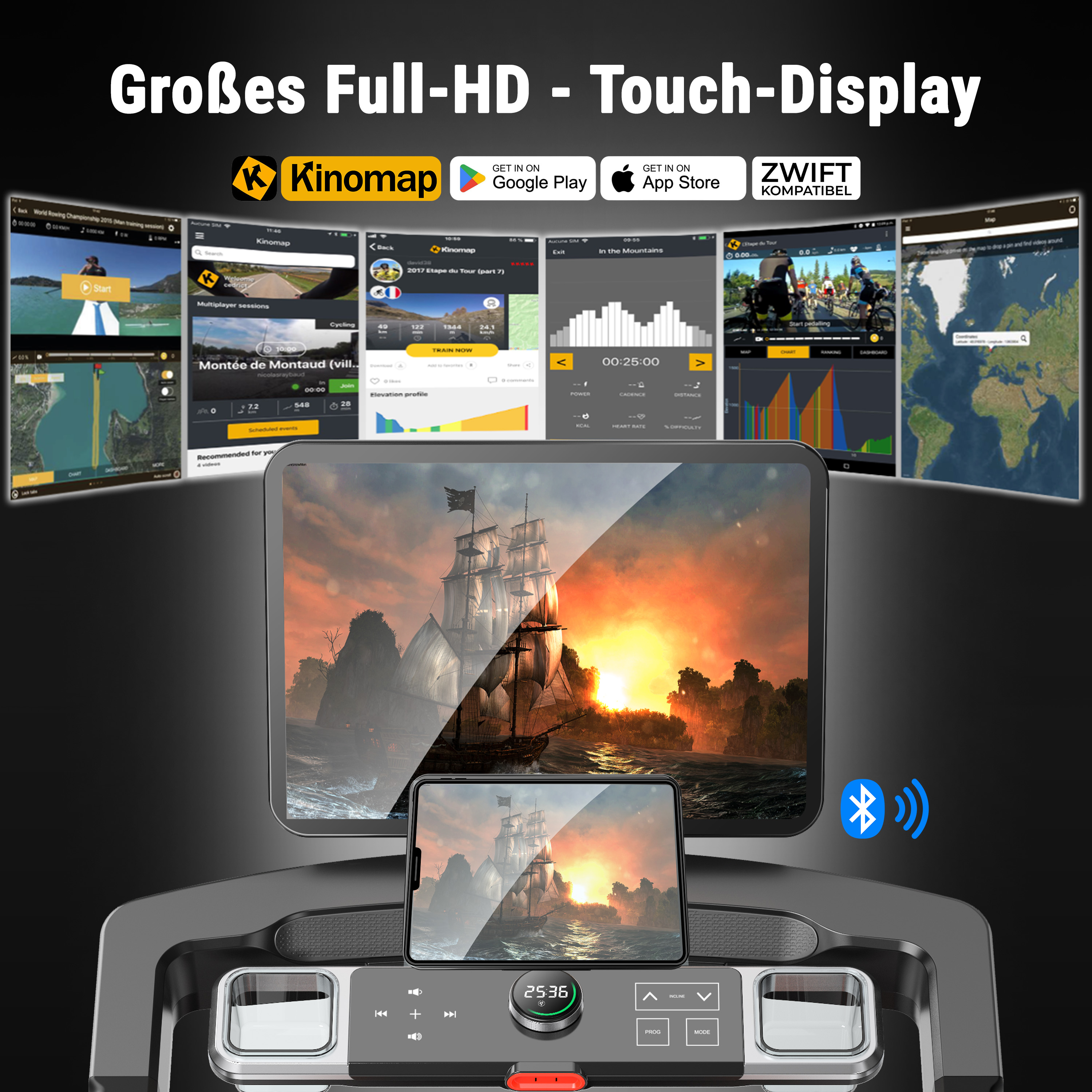 Großes Full-HD Touch-Display mit Trainings-Apps, Karte und Segelschiff-Grafik.