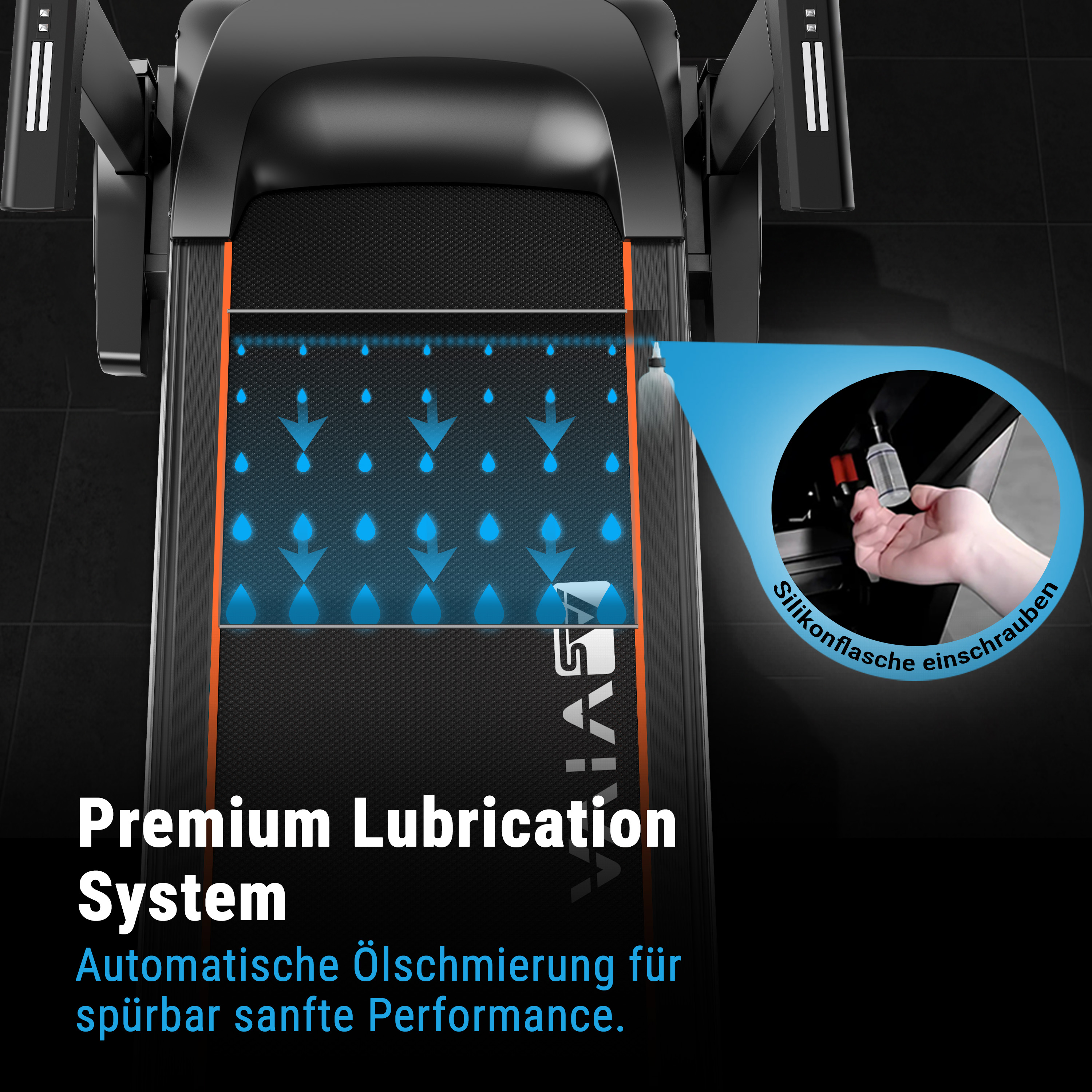 Schwarzer Laufband-Detail mit blauen Tropfen und "Premium Lubrication System" Text.