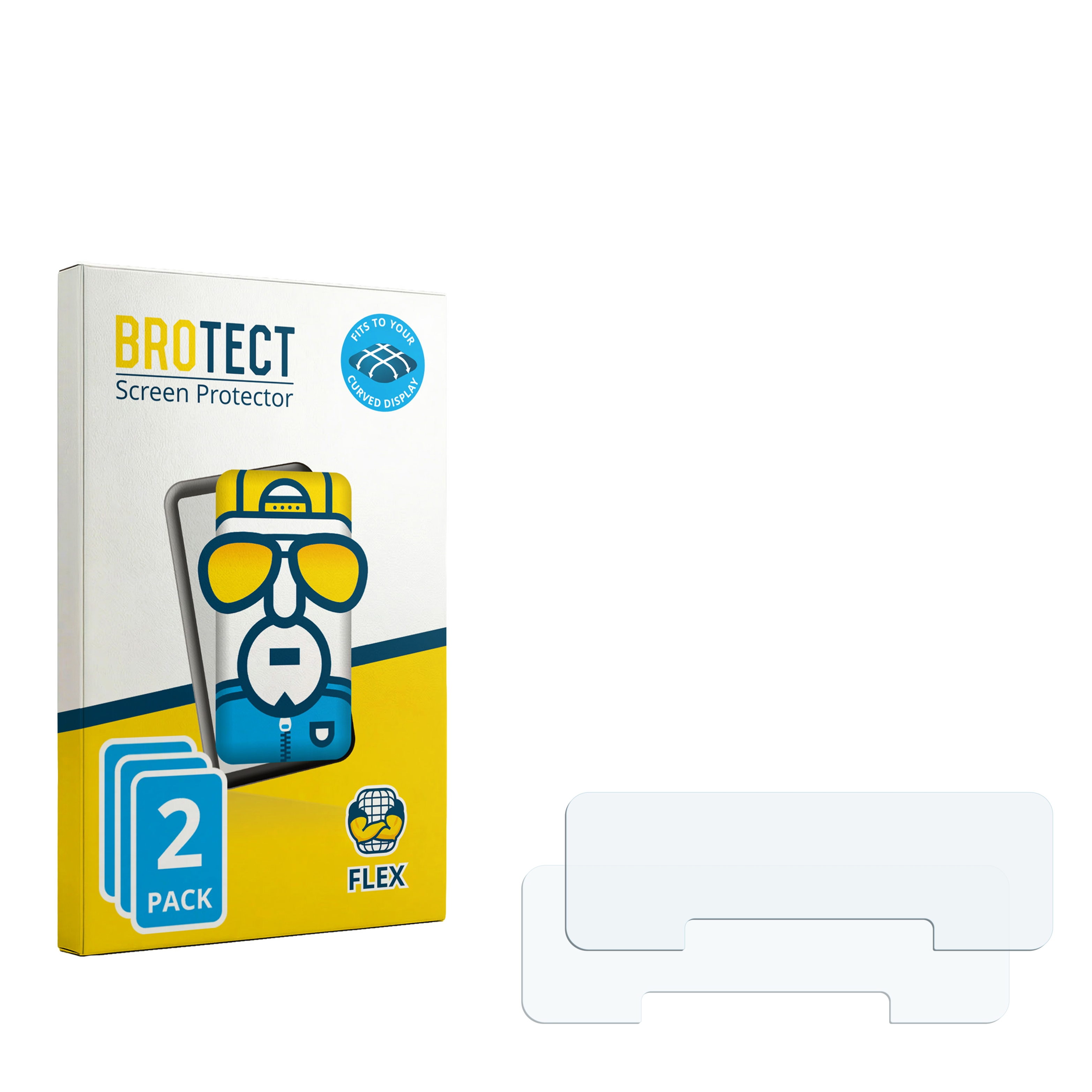 Schutzfolienverpackung mit Cartoon-Figur und zwei einzelnen Folien.