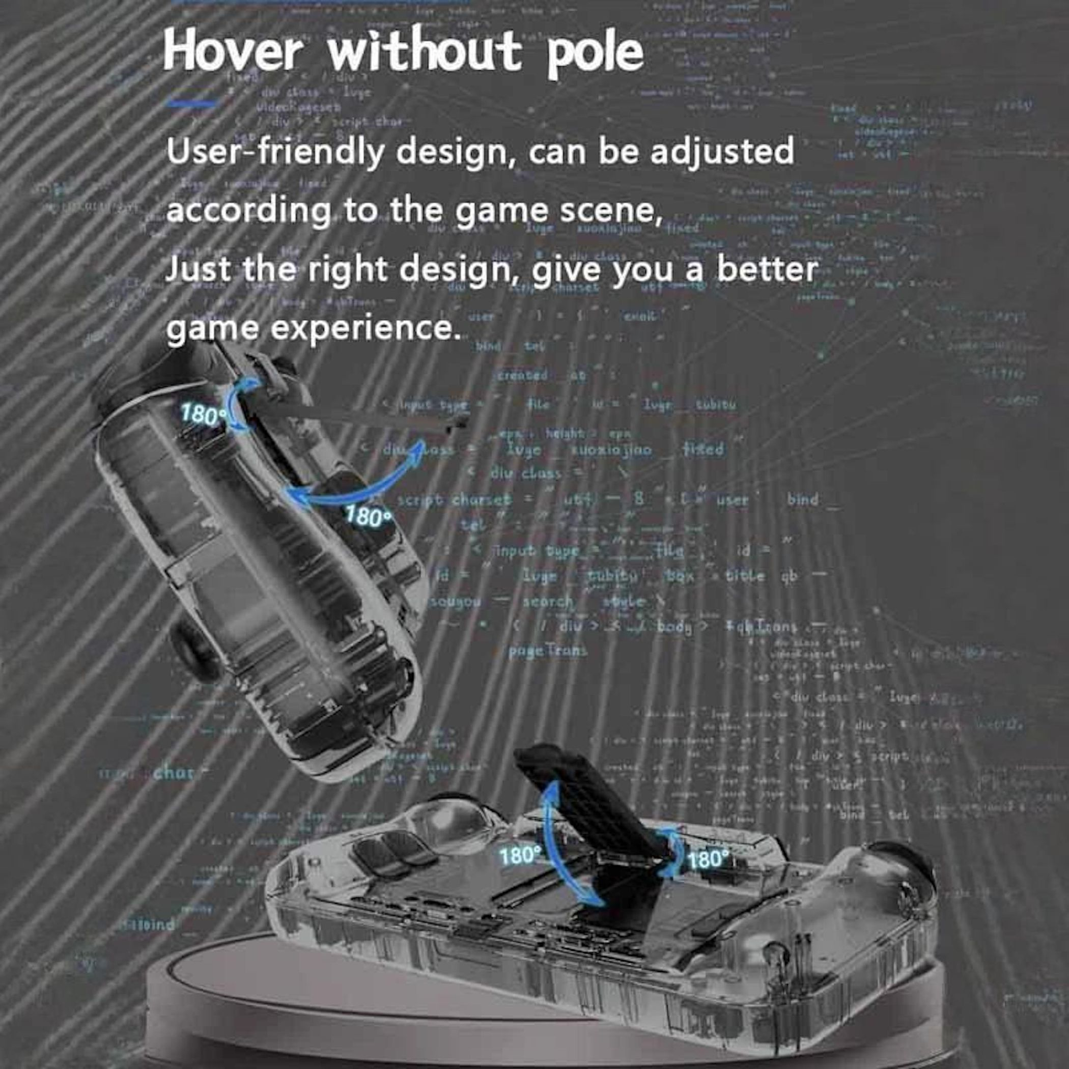 Un mando de juego transparente con flechas azules que indican rotación de 180°.