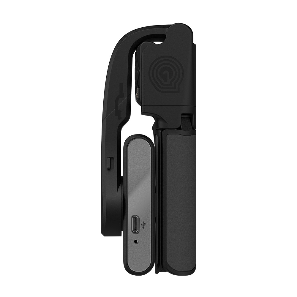 Czarny gimbal z srebrnym akumulatorem i portem USB-C.