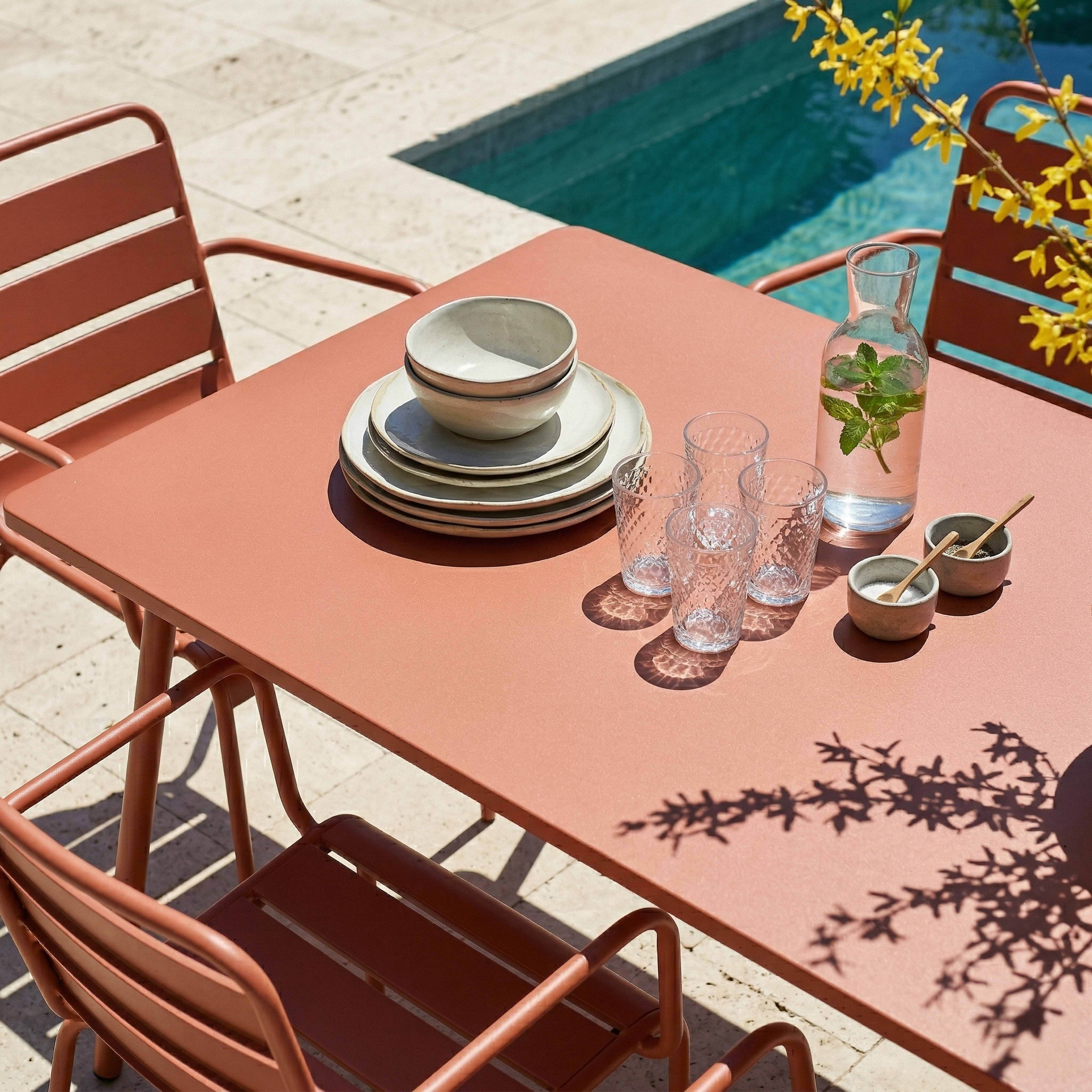 Ein rosafarbener Tisch mit Geschirr und Gläsern neben einem Pool.