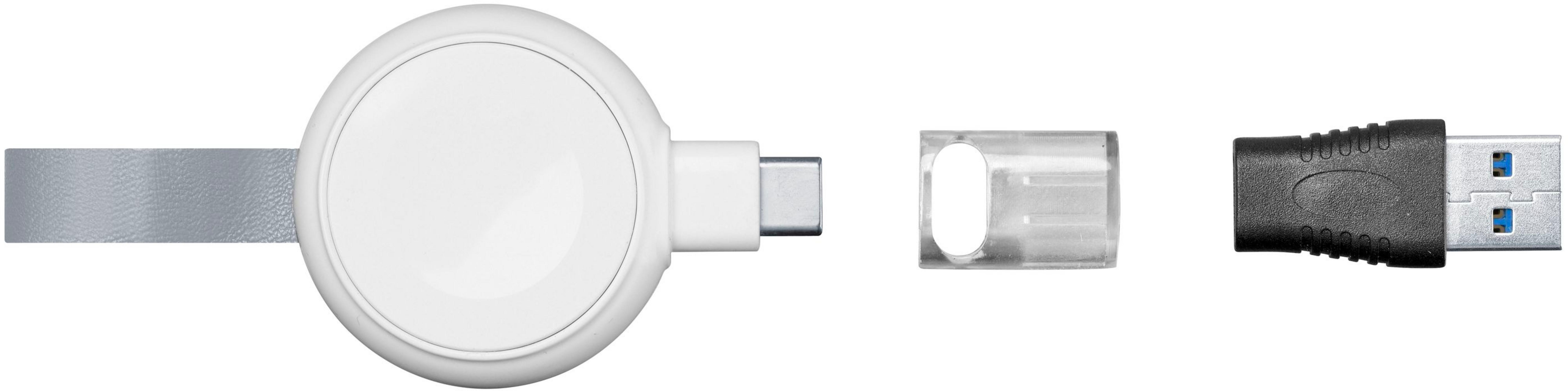 Ein weißer runder Adapter mit USB-C-Stecker, Kappe und schwarzem USB-A-Stecker.