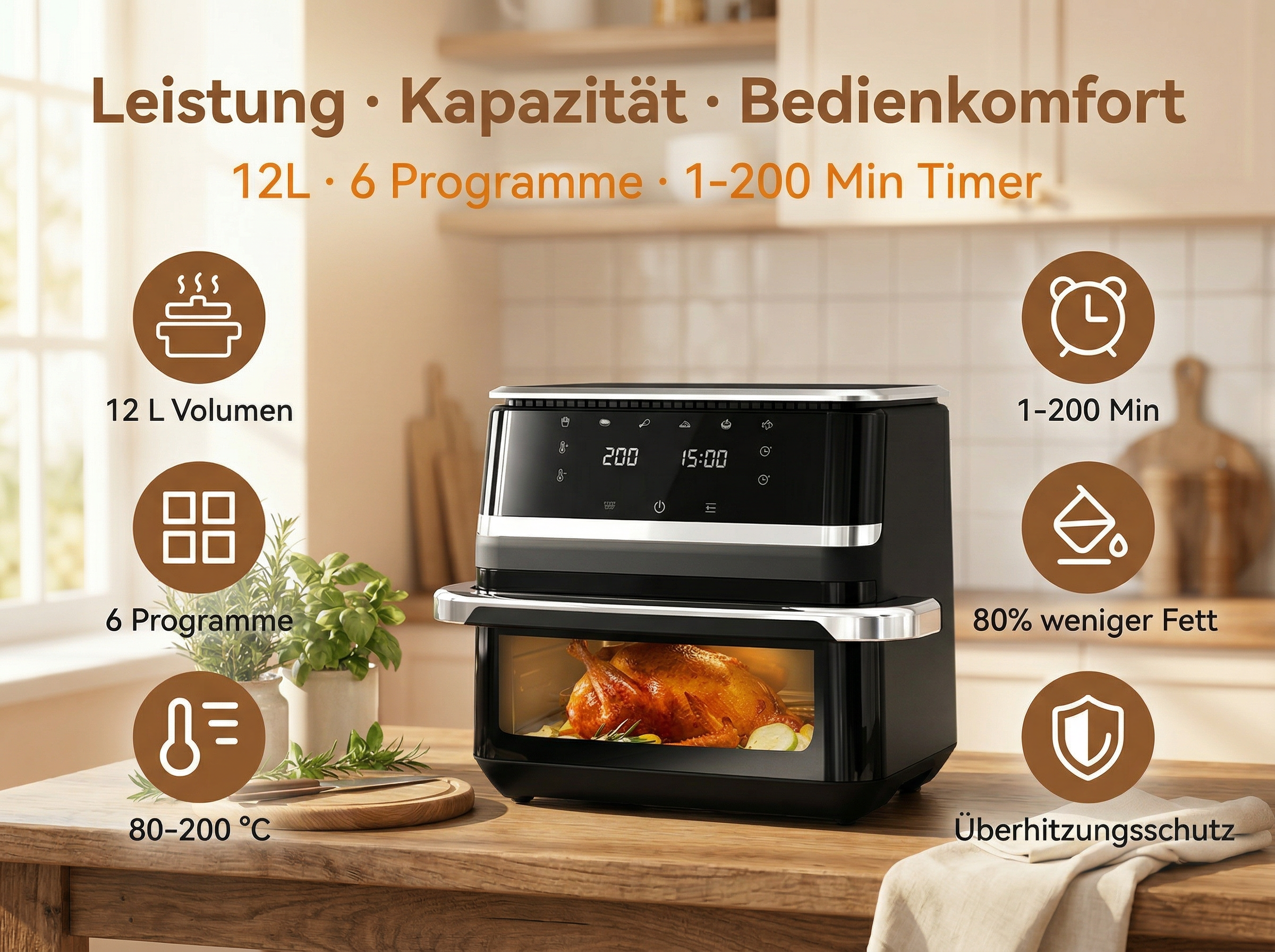 Ein schwarzer Heißluftfritteusen-Ofen mit einem Brathähnchen darin. Icons zeigen Kapazität, Programme, Timer, Fettreduktion.
