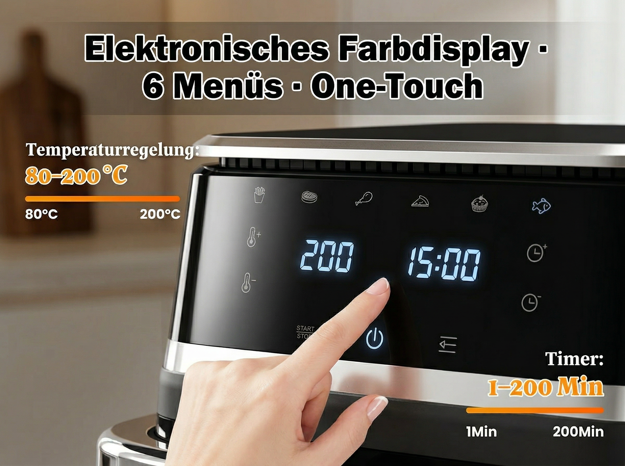 Ein Finger drückt auf das Display eines Airfryers. Zeigt 200°C und 15:00 an.