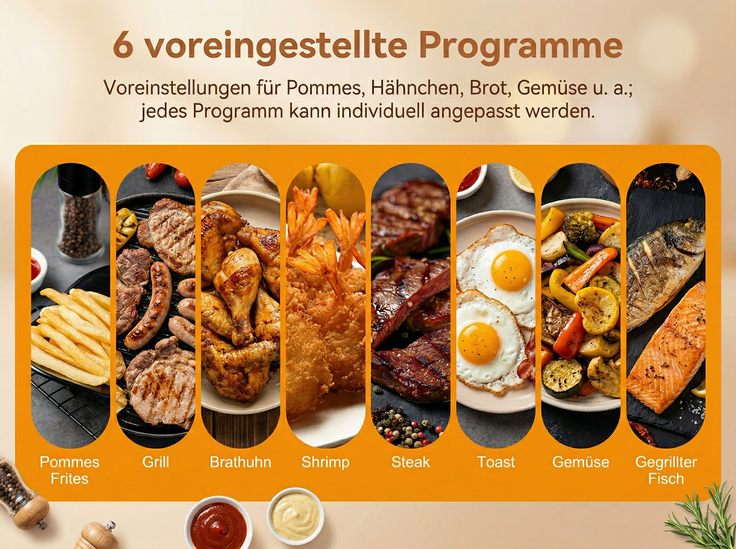 6 voreingestellte Programme für Essen wie Pommes, Hähnchen, Brot, Gemüse.