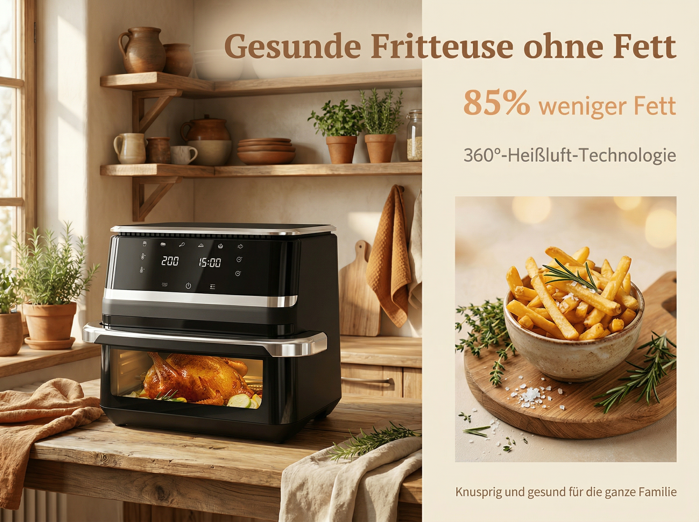 Ein schwarzer Heißluftfritteuse mit einem Brathähnchen darin.