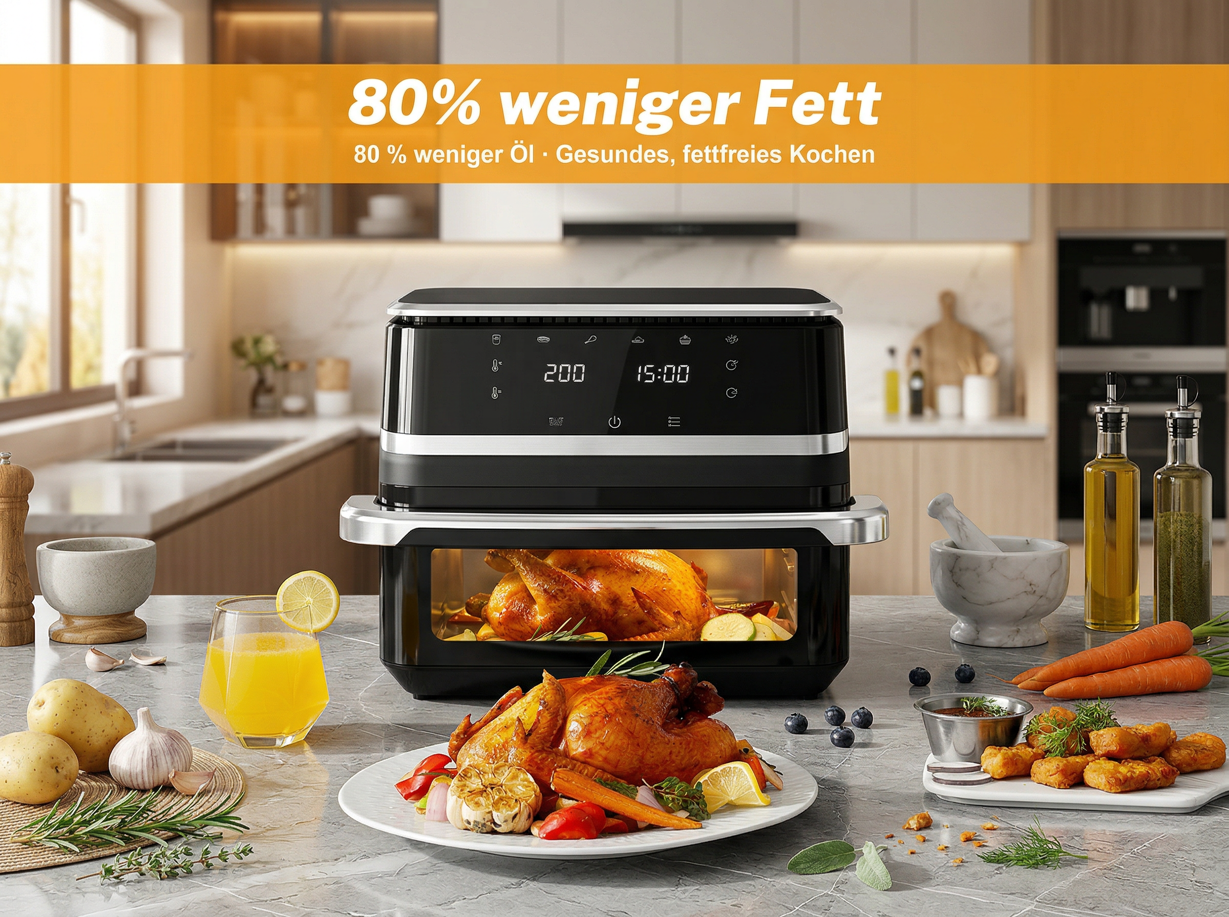 Ein Backofen mit Brathähnchen, Beilagen und einem Glas Saft. 80% weniger Fett.