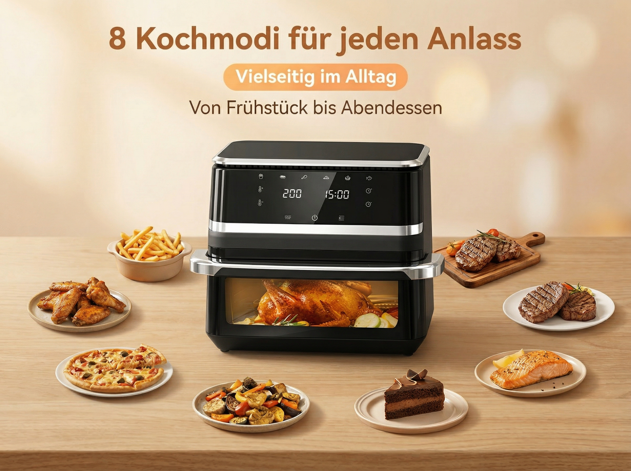 Ein schwarzer Ofen mit verschiedenen Speisen: Hähnchen, Steak, Lachs, Pizza, Pommes, Kuchen.