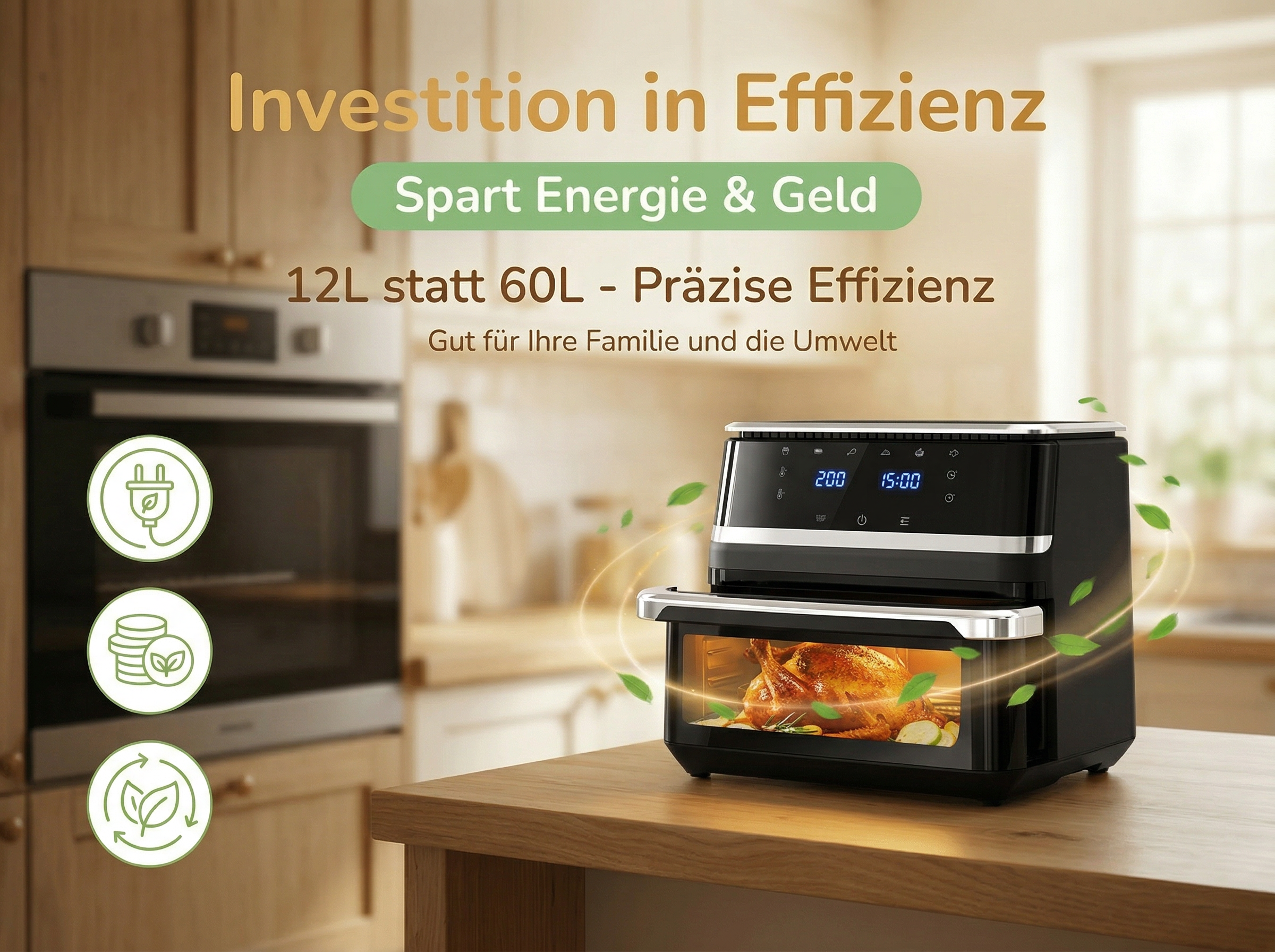 Ein schwarzer Heißluftfritteusen-Ofen mit einem gebratenen Huhn. Text über Effizienz.
