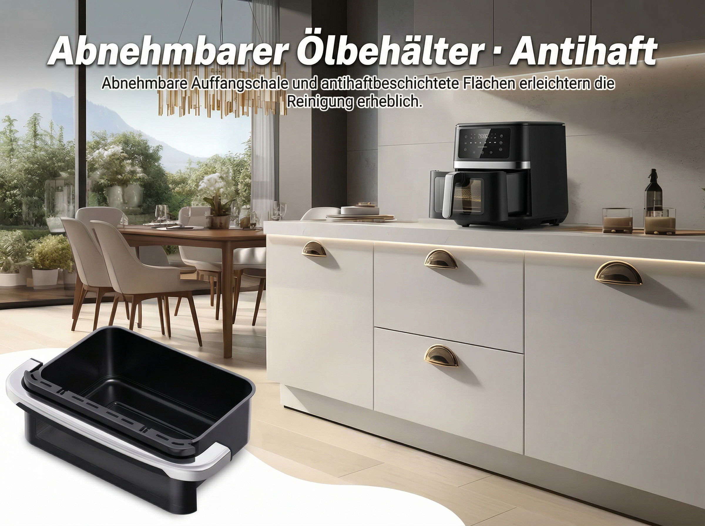 Schwarzer Airfryer auf Küchenzeile, daneben ein herausnehmbarer Behälter.
