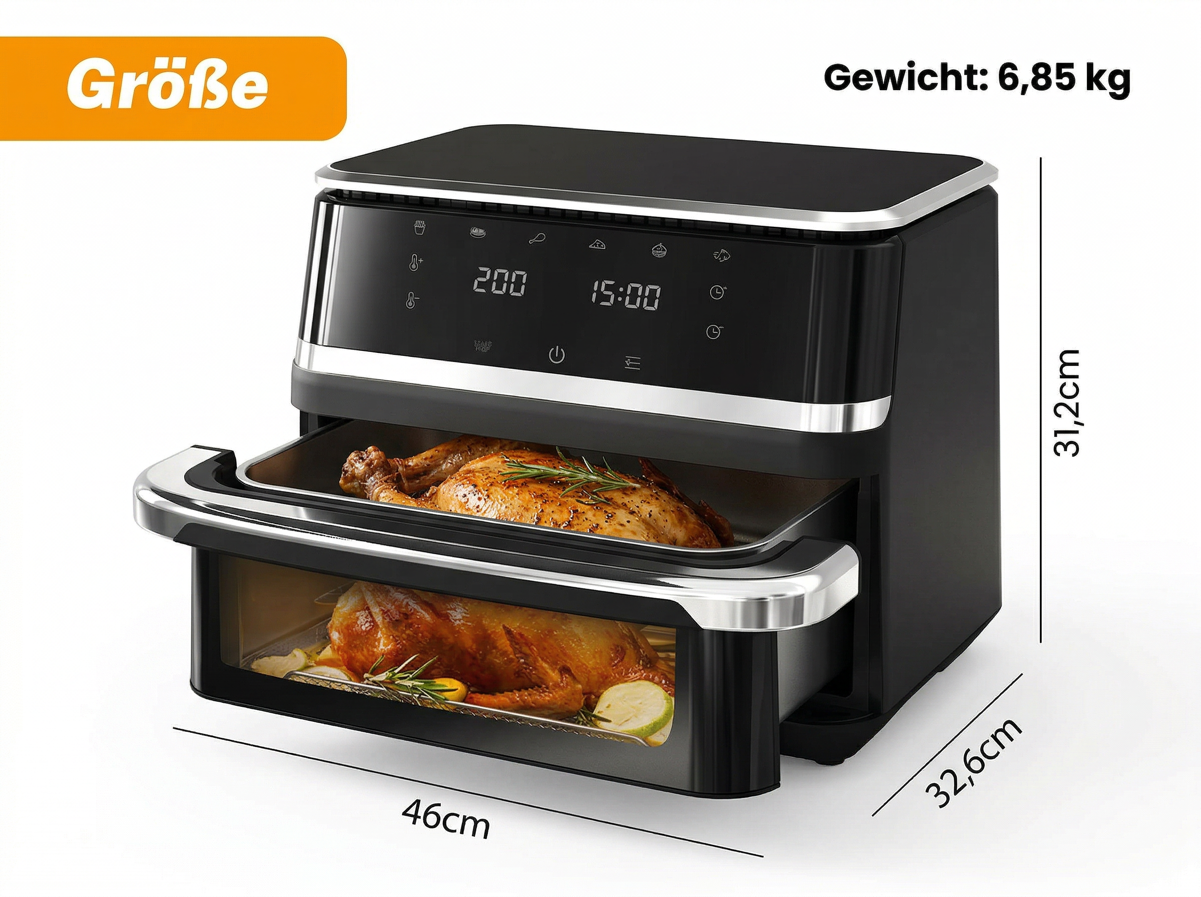 Ein schwarzer Heißluftfritteusen-Ofen mit zwei Ebenen, auf denen gebratene Hähnchen liegen.
