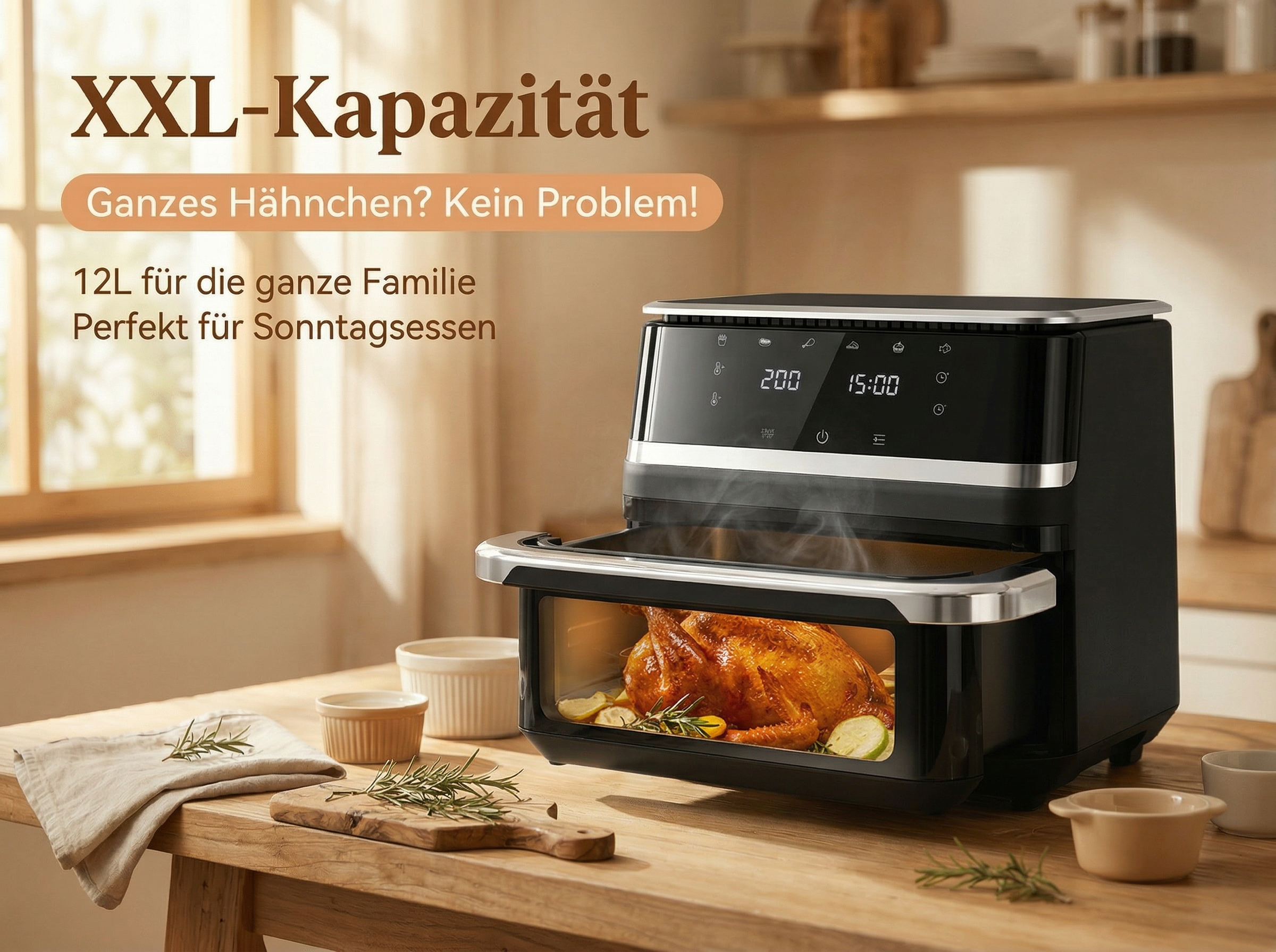 Ein Brathähnchen mit Zitrone und Rosmarin in einem schwarzen Heißluftfritteusen.