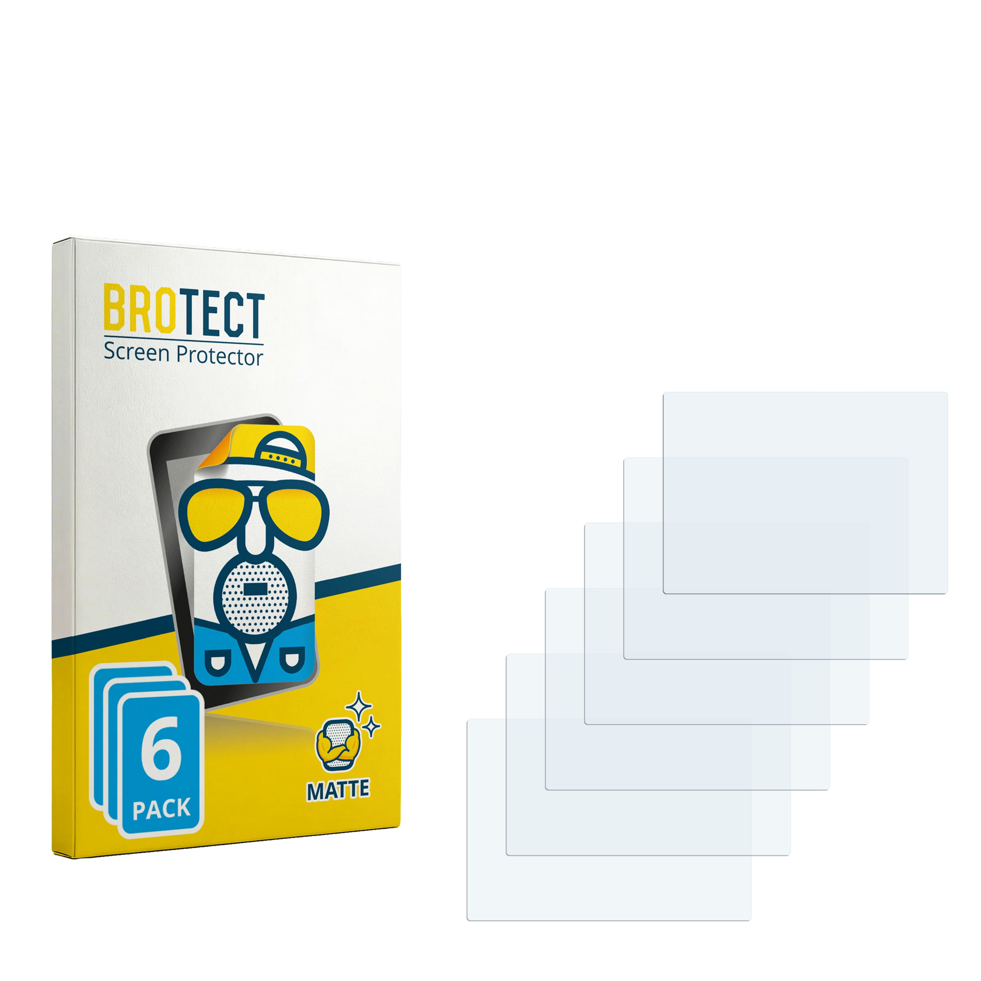 Verpackung für 6 matte Displayschutzfolien mit stilisiertem Gesicht und Brille.