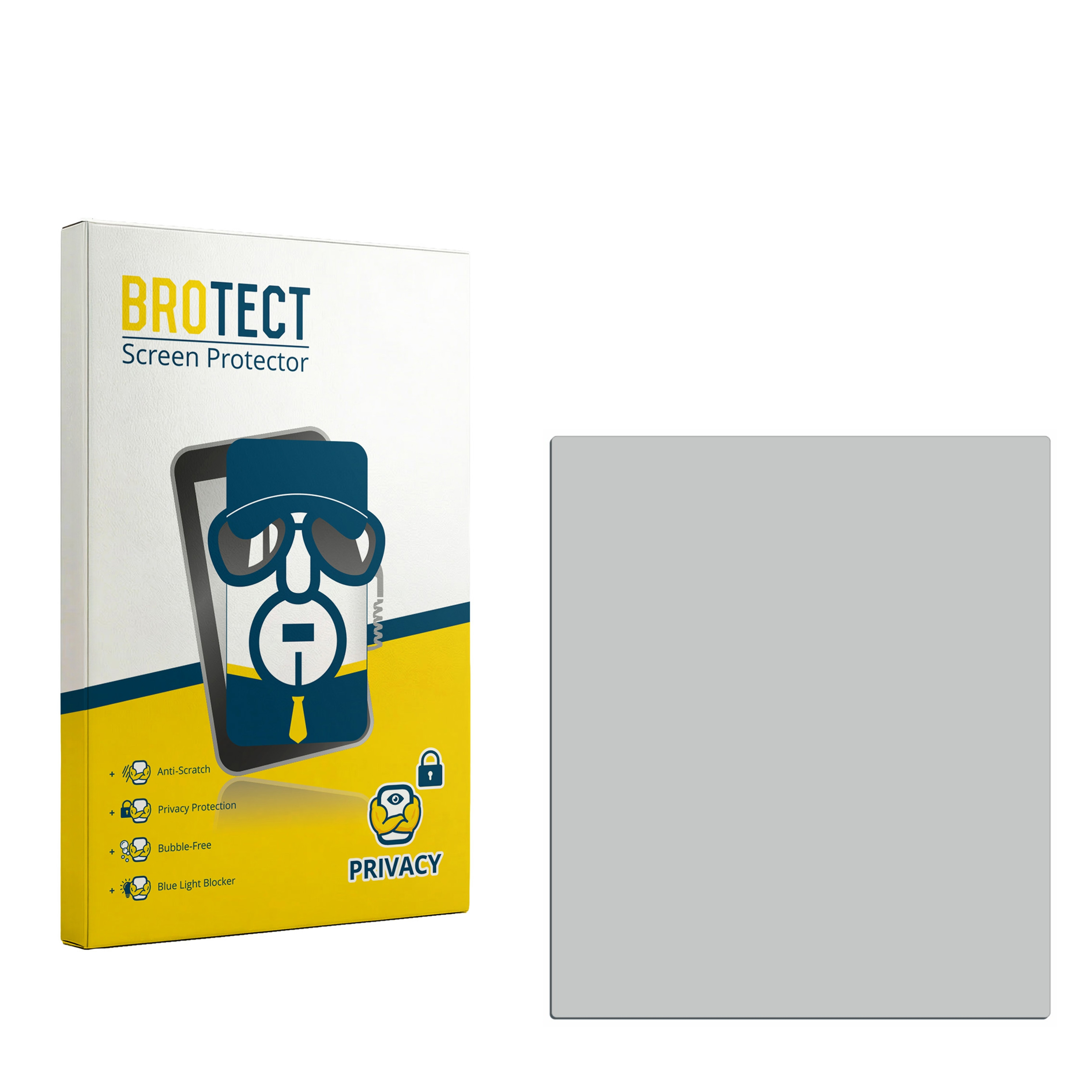 BROTECT Displayschutzfolien-Verpackung mit aufgeführten Merkmalen. Daneben ein graues Quadrat.
