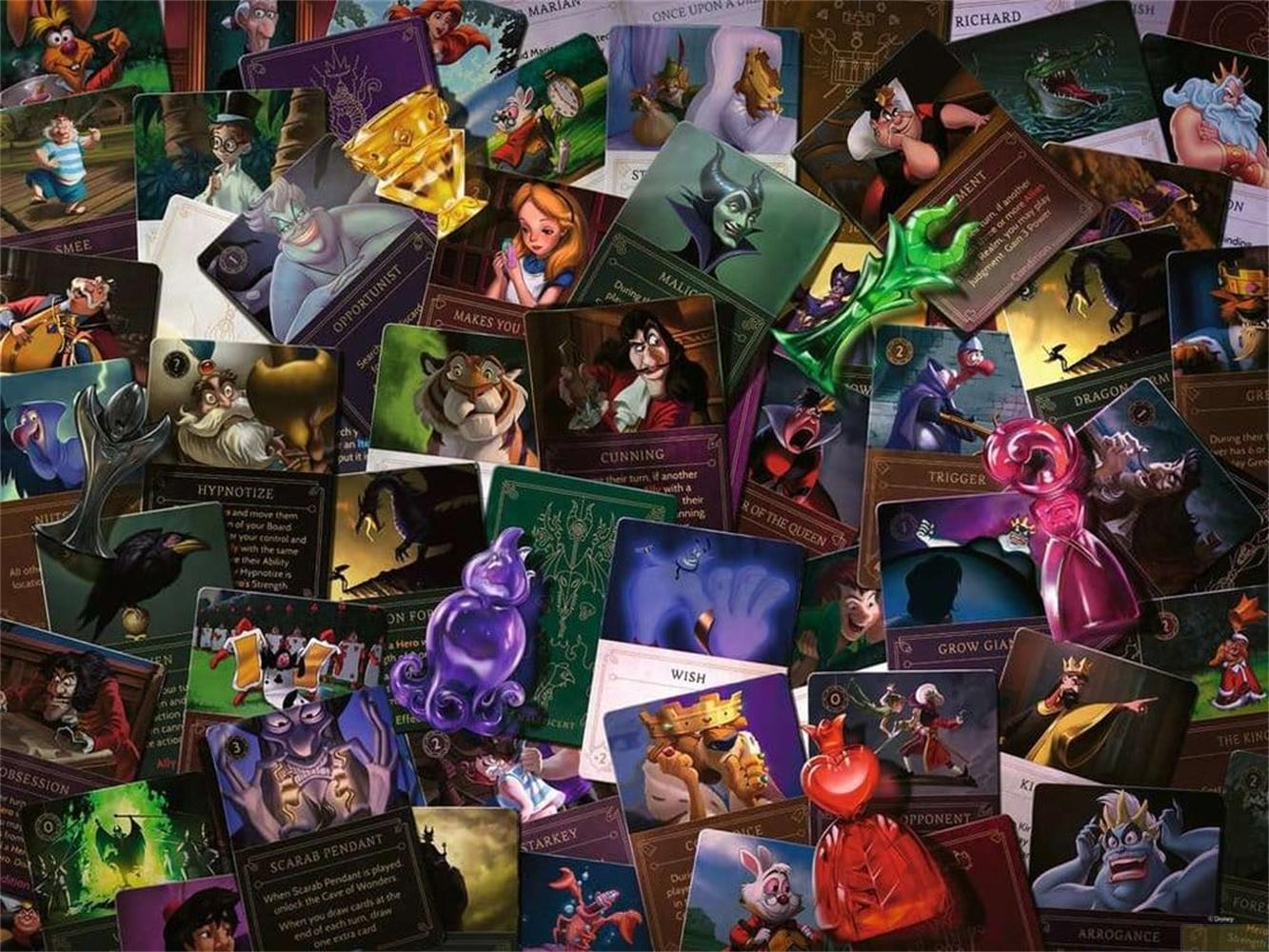 Eine Collage von Disney-Bösewicht-Spielkarten mit verschiedenen Charakteren und Symbolen.