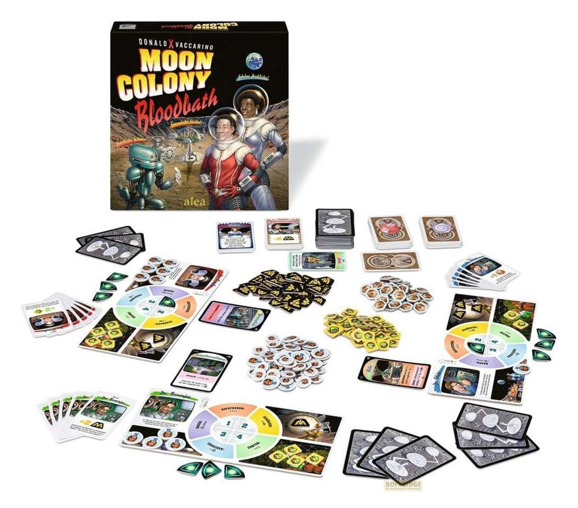 Brettspiel "Moon Colony Bloodbath" mit Spielbrett, Karten und Marken.