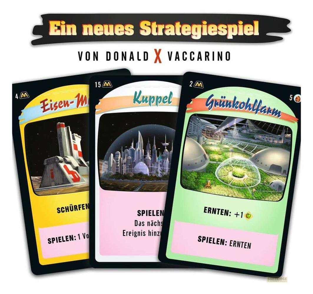 Drei Spielkarten mit futuristischen Bildern: eine Fabrik, eine Stadt und eine Farm.