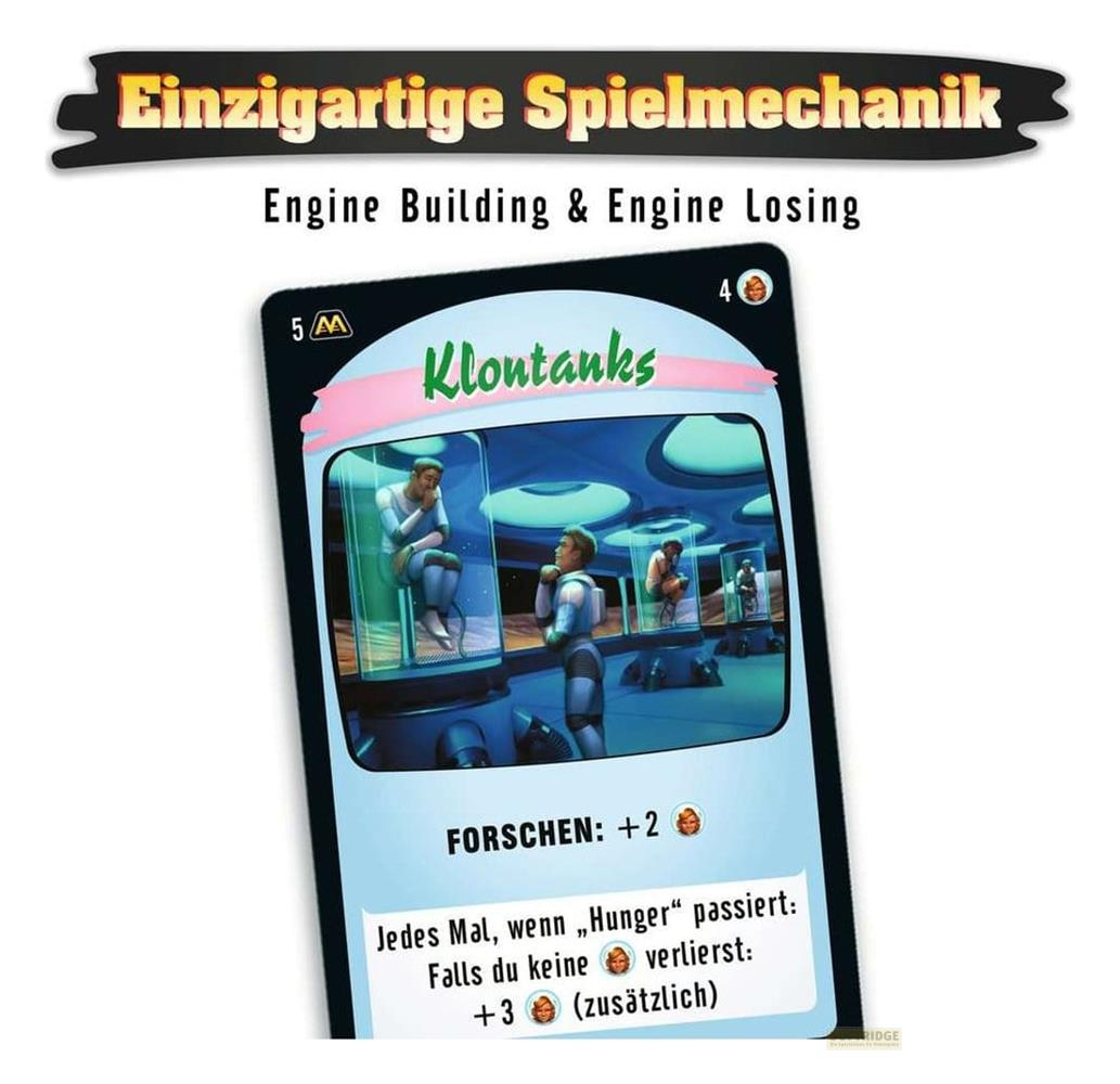 Spielkarte mit Personen in Glasbehältern und Spielregeln auf Deutsch.