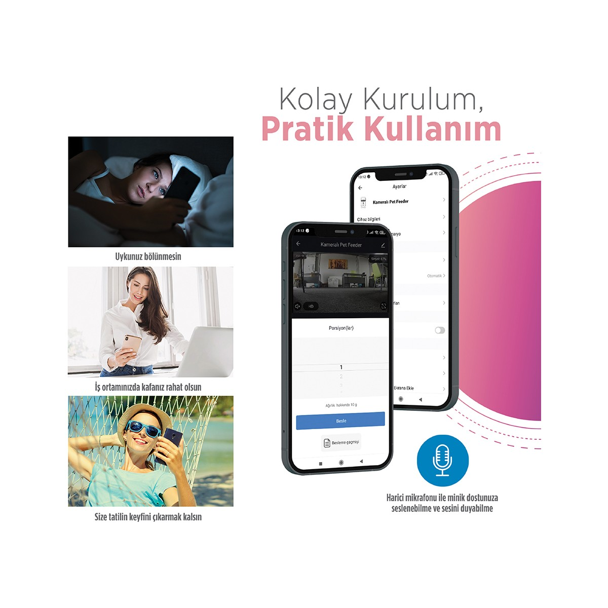 Kolajde yatakta telefonlu kadın, laptoplu kadın ve hamakta erkek. İki telefon uygulama gösteriyor.