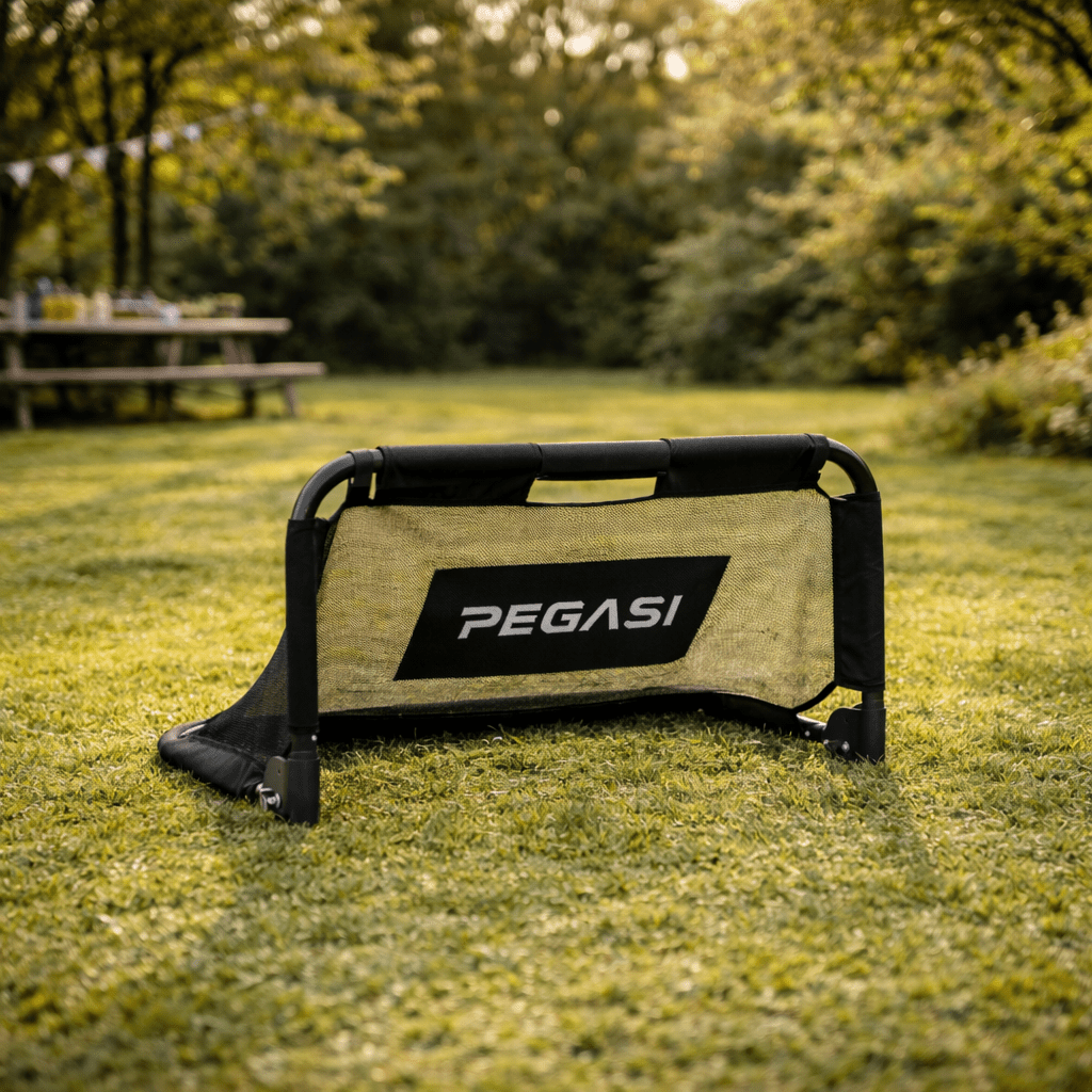 A black and yellow portable soccer goal sits on green grass, with trees and a picnic table in the background.