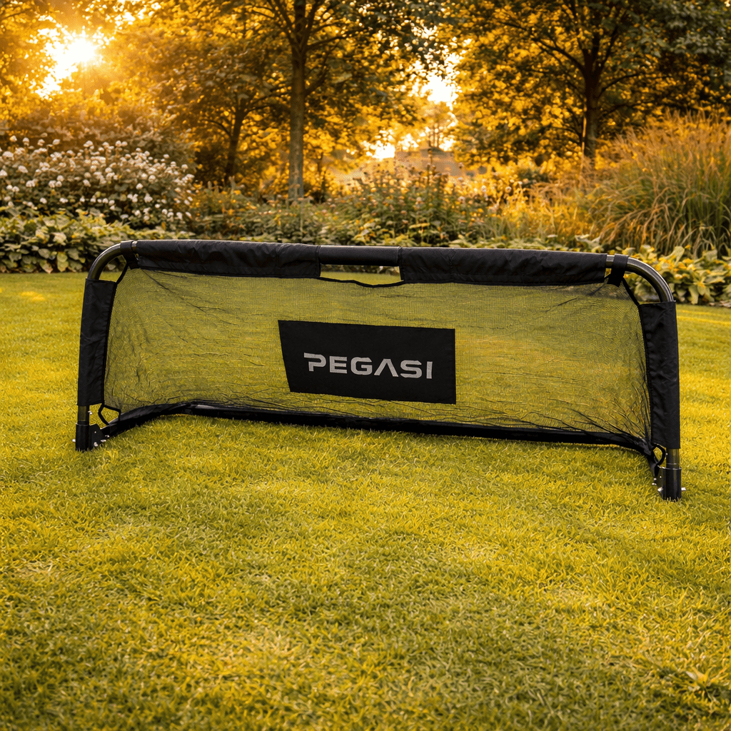 A black soccer goal with the PEGASI logo on a green lawn.