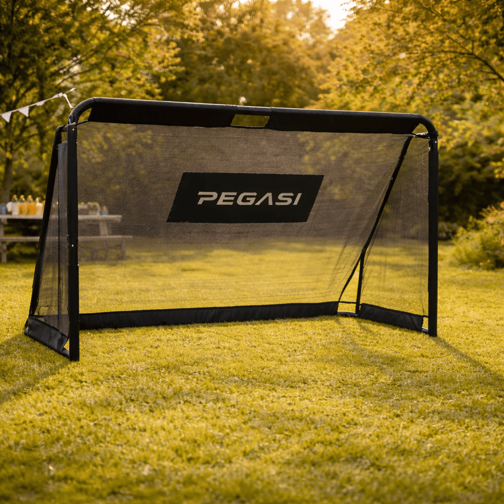 A portable soccer goal with the Pegasi logo stands on a grassy field.