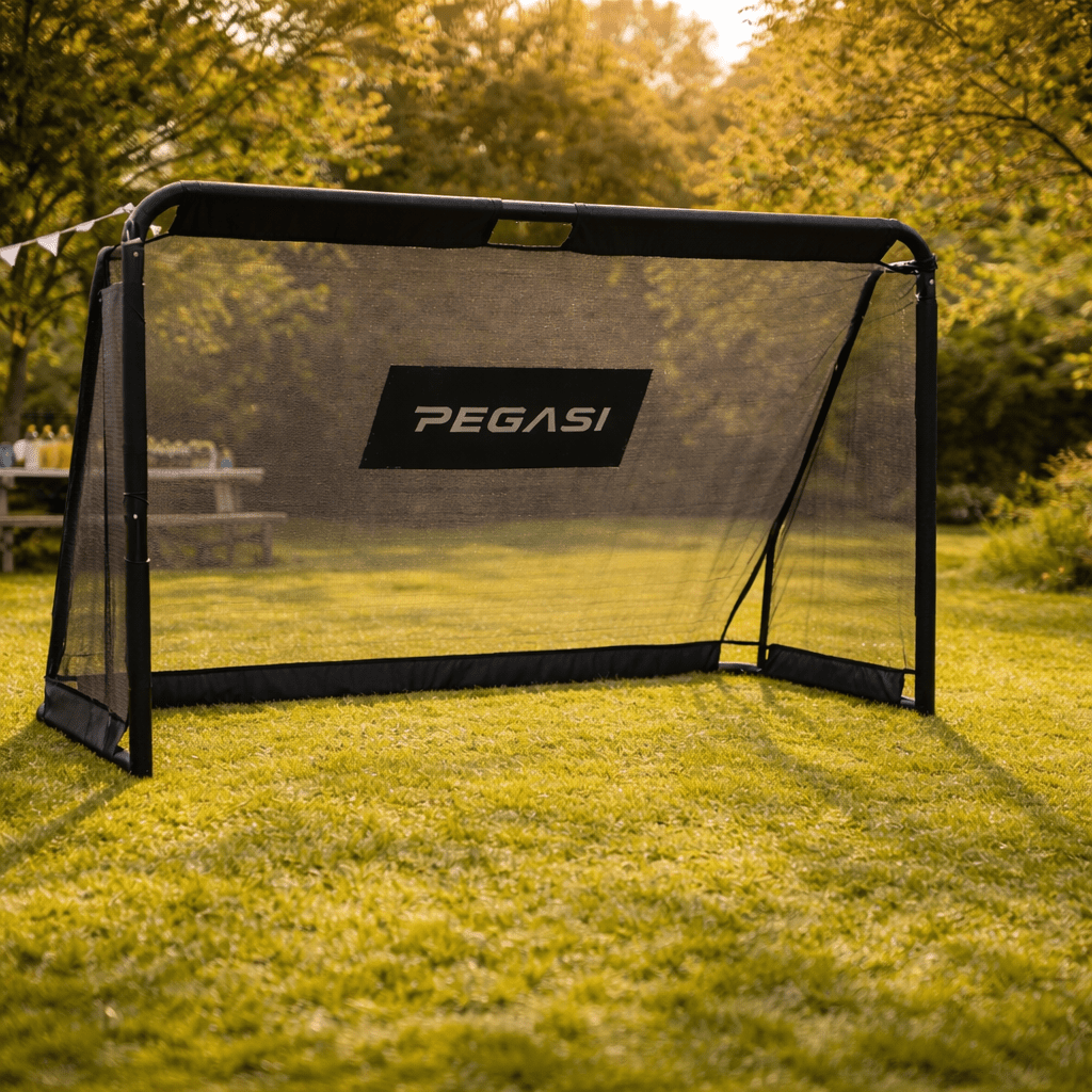 A black soccer goal with the PEGASI logo stands on a sunny lawn.