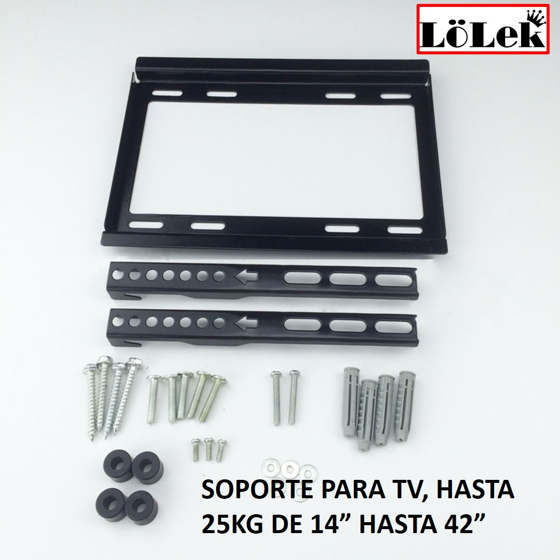 Soporte de pared para TV negro con tornillos, tacos y soportes.