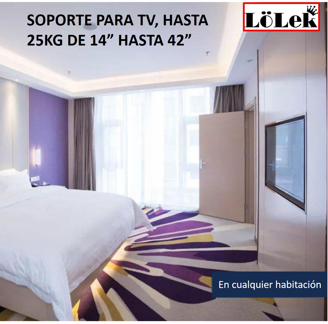 Una habitación de hotel con cama, televisor y alfombra de patrón colorido.
