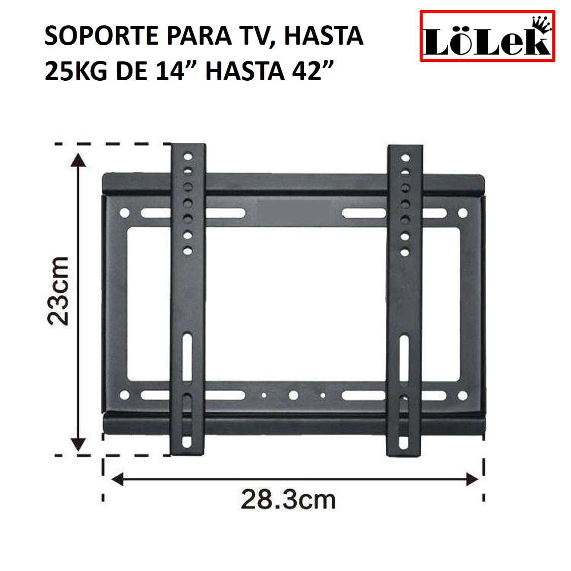 Soporte de pared para TV negro, 28,3 cm ancho, 23 cm alto, soporta 25 kg.