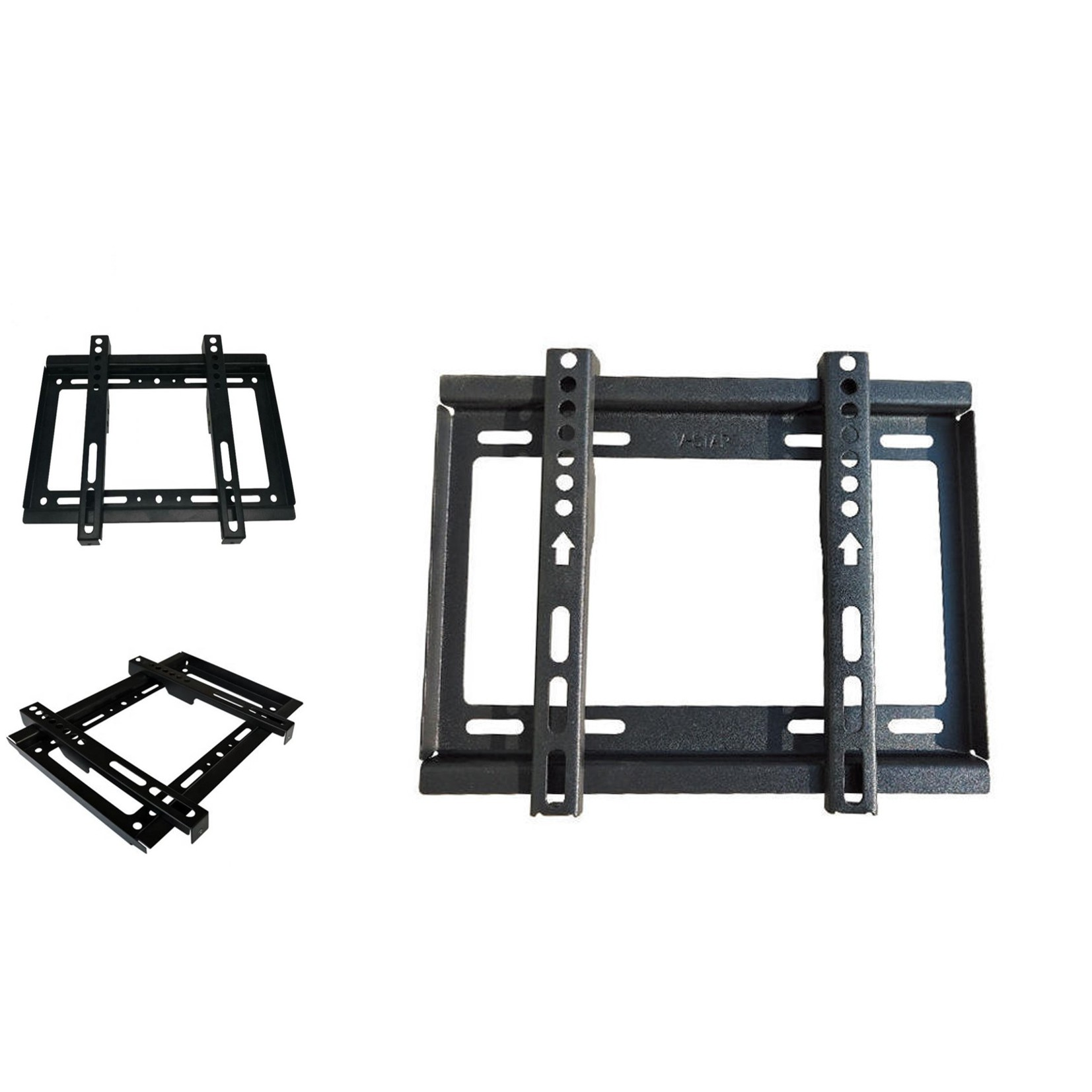Tres soportes de pared para TV de metal negro sobre fondo blanco.