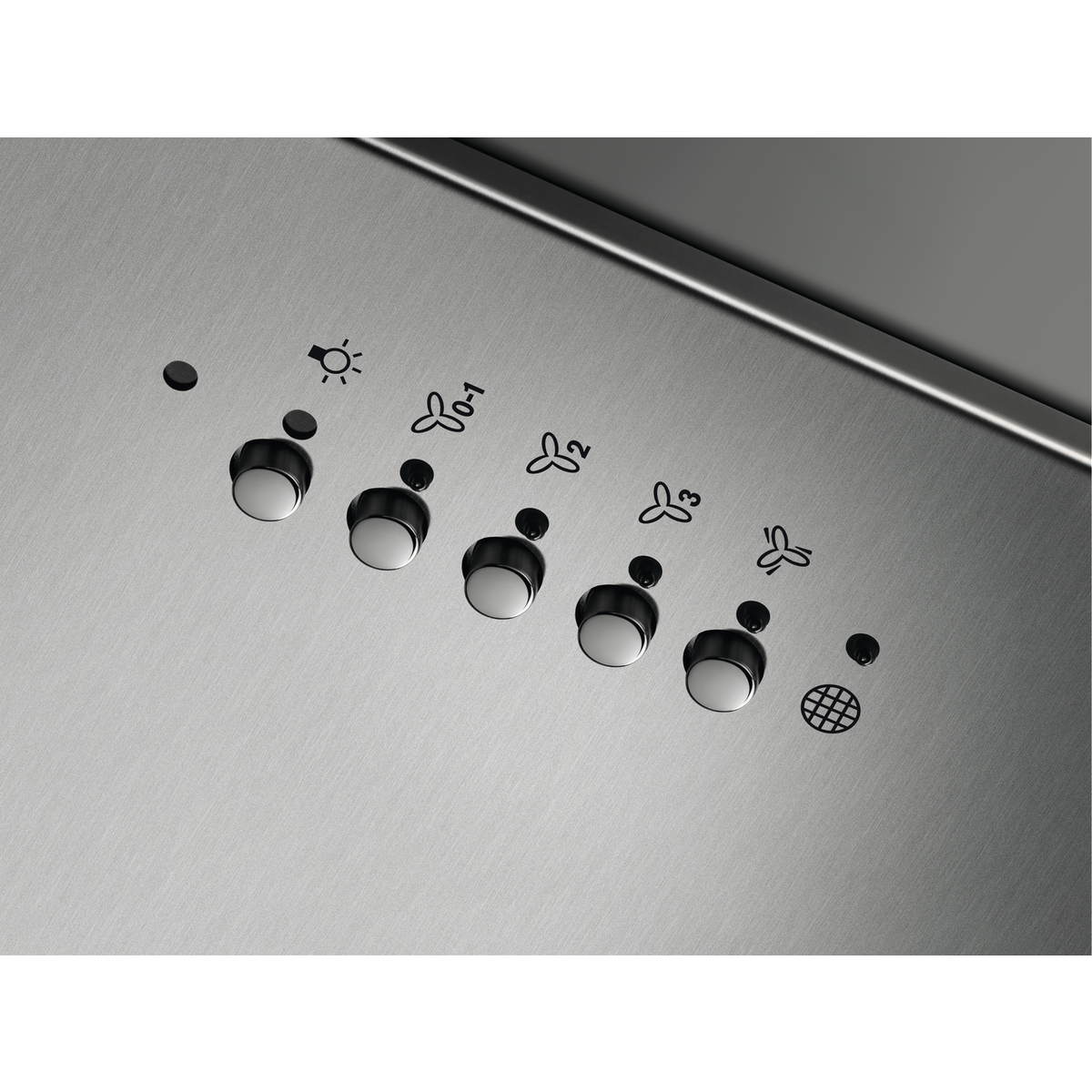Panel de control con botones y símbolos para luz y velocidades del ventilador.