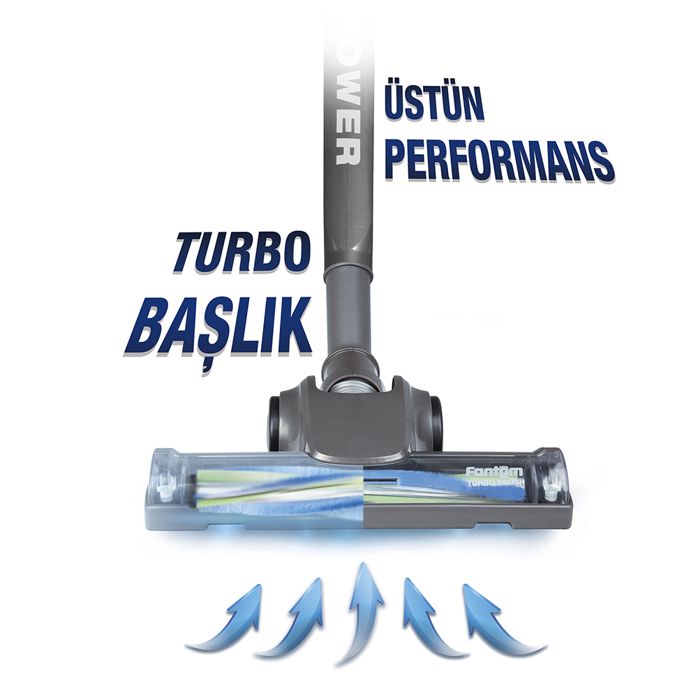 Turbo fırçalı elektrikli süpürge başlığı ve yukarı oklar.