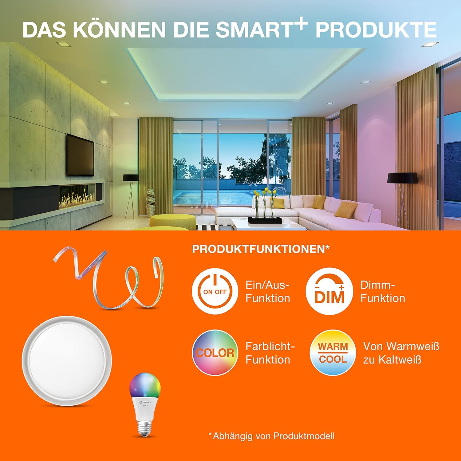 Ein Wohnzimmer mit Smart-Beleuchtung: Produkte und Funktionen wie Ein/Aus, Dimmen, Farblicht.