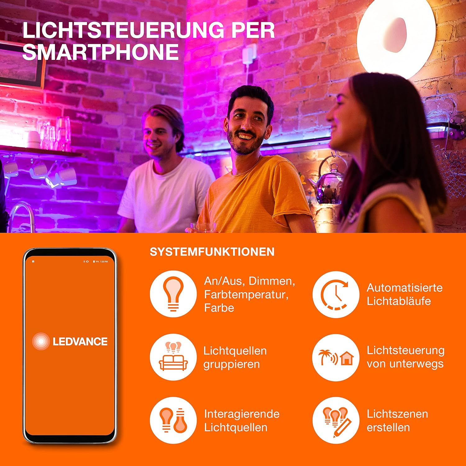 Menschen vor Ziegelwand mit bunten Lichtern, Smartphone-App-Funktionen.