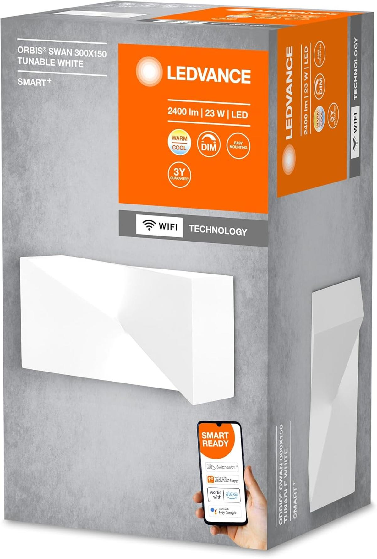 Verpackung eines LEDVANCE SMART+ Orbis Swan 300x150 Tunable White mit Handy.