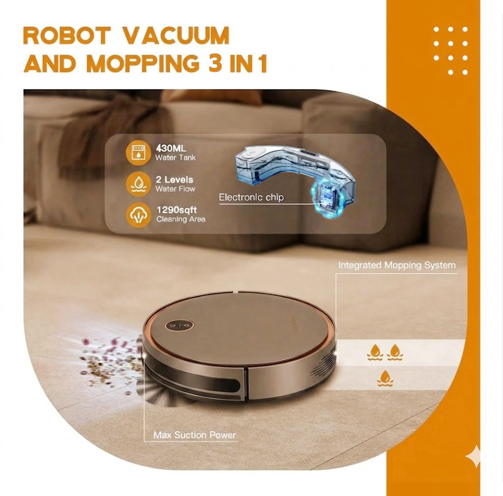 Un robot aspirapolvere rotondo pulisce il pavimento, con dettagli serbatoio e chip.