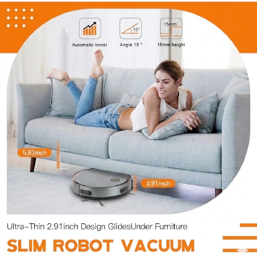 Una donna giace su un divano mentre un robot aspirapolvere sottile scivola sotto.