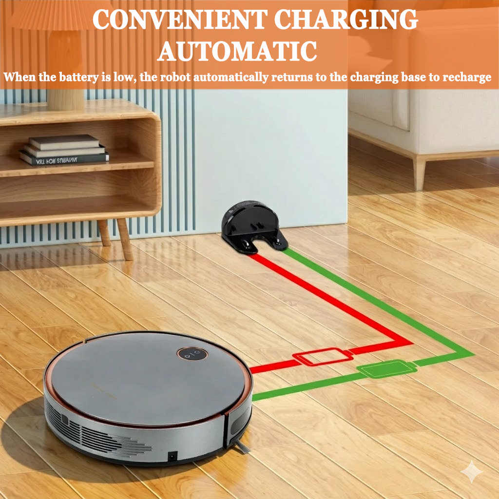 Due robot aspirapolvere su parquet, uno in carica, uno che si avvicina alla base.